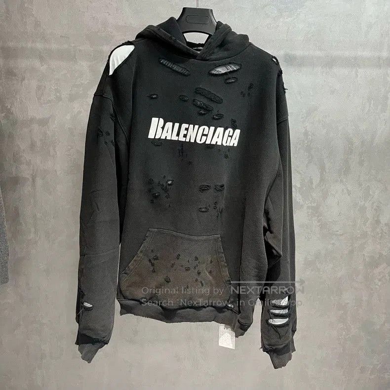 Balenciaga Black Distressed Print Hoodie.