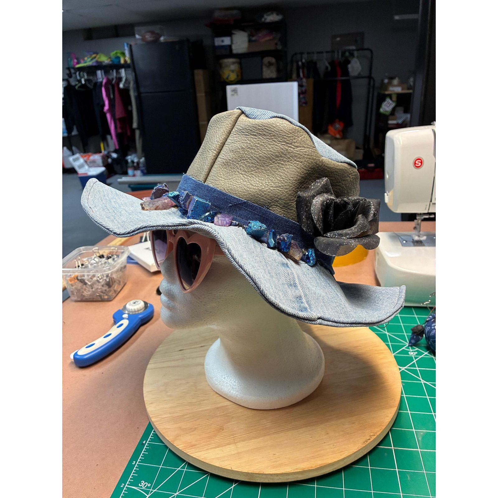 Other The Witch Queen — Upcycled Denim & Leather Hat, Raw Crystal Size ONE SIZE - 1 Thumbnail