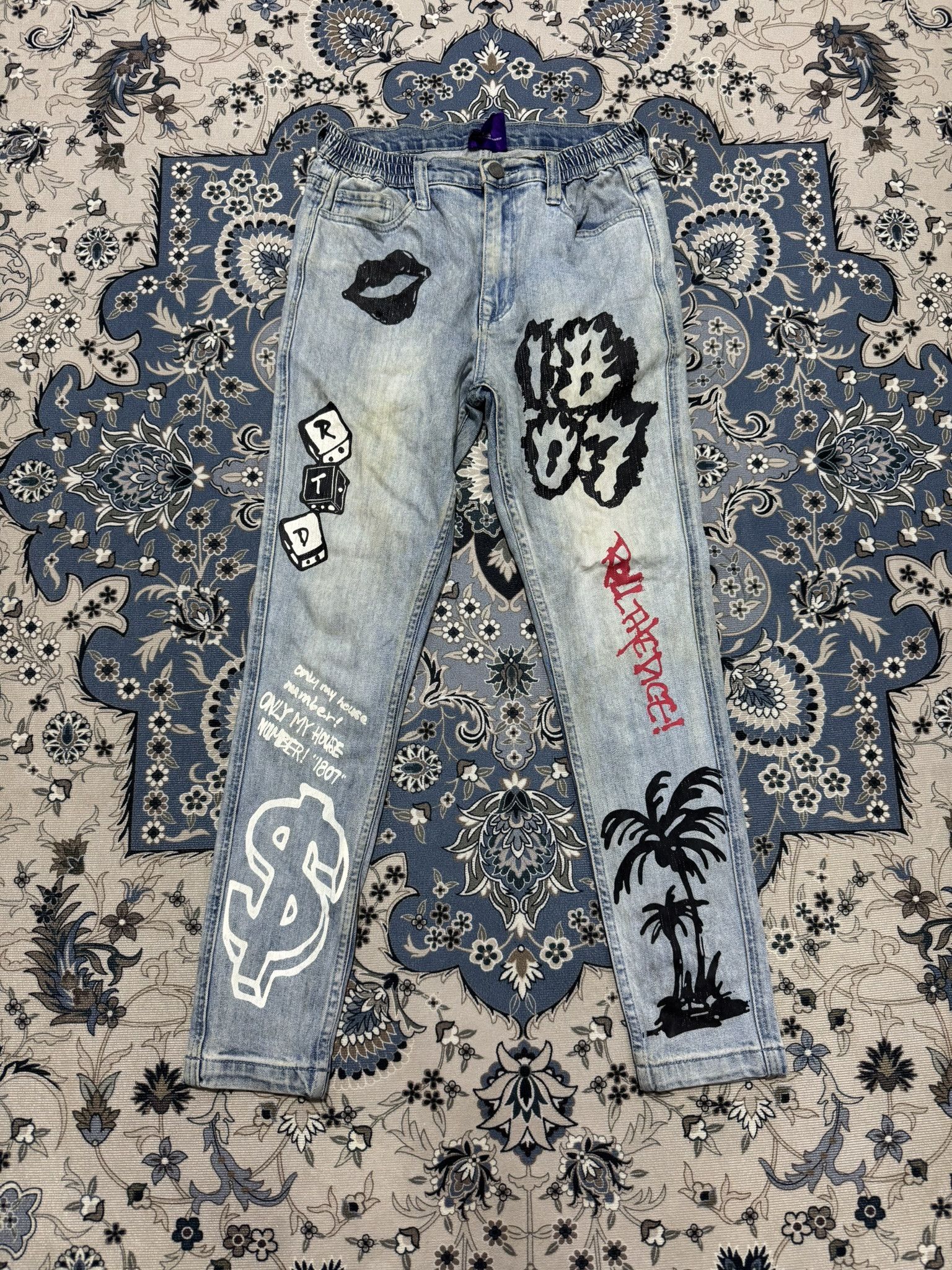 Japanese Brand Vintage Roll The Dice Graphic Printed Skinny Jeans Size US 29 - 1 Thumbnail