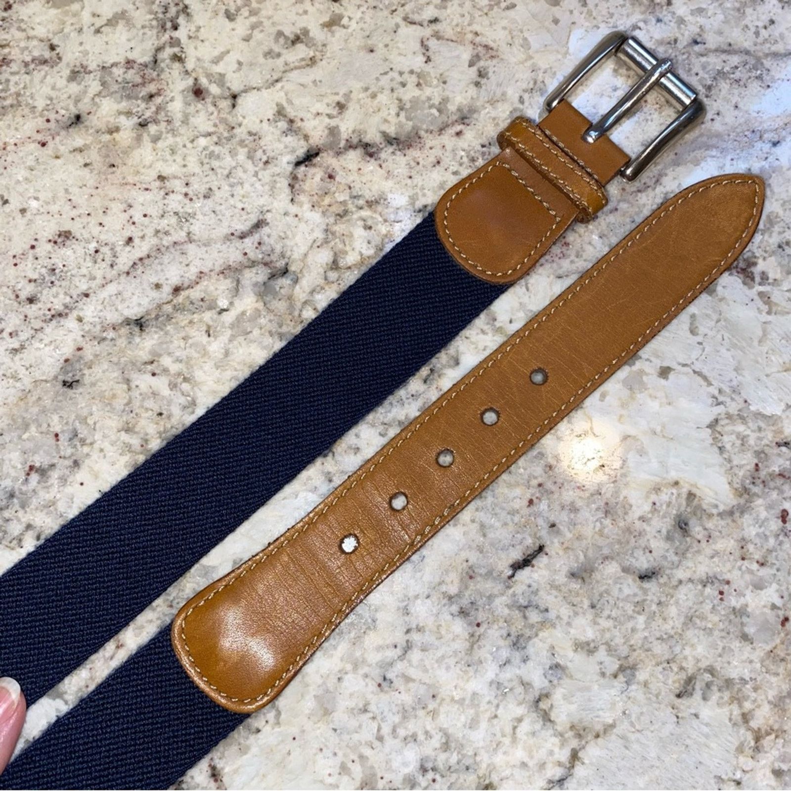 L.L. Bean LL Bean $69 Leather Stretch Canvas Silver Mens Belt 48”-51” Size ONE SIZE - 6 Thumbnail