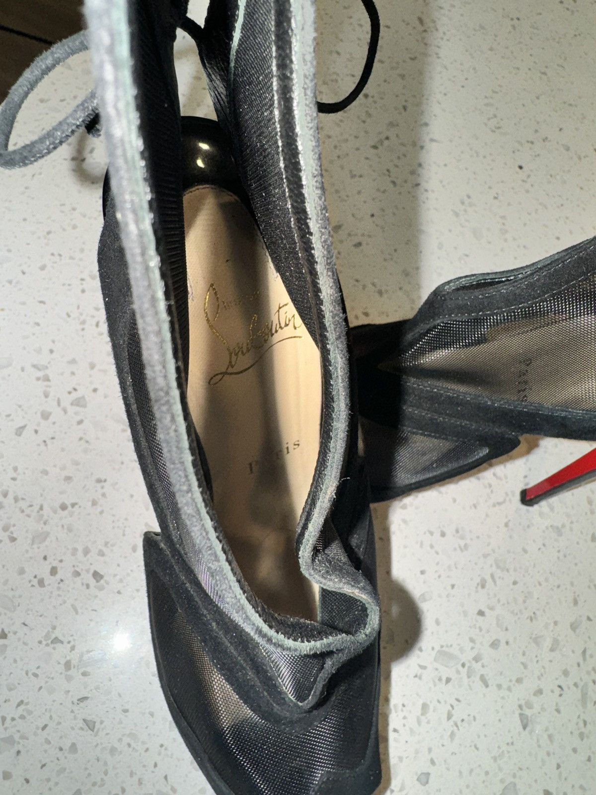 Christian Louboutin Elegance in Black: Mesh Stilettos with Iconic Red Soles Size US 7.5 / IT 37.5 - 3 Thumbnail