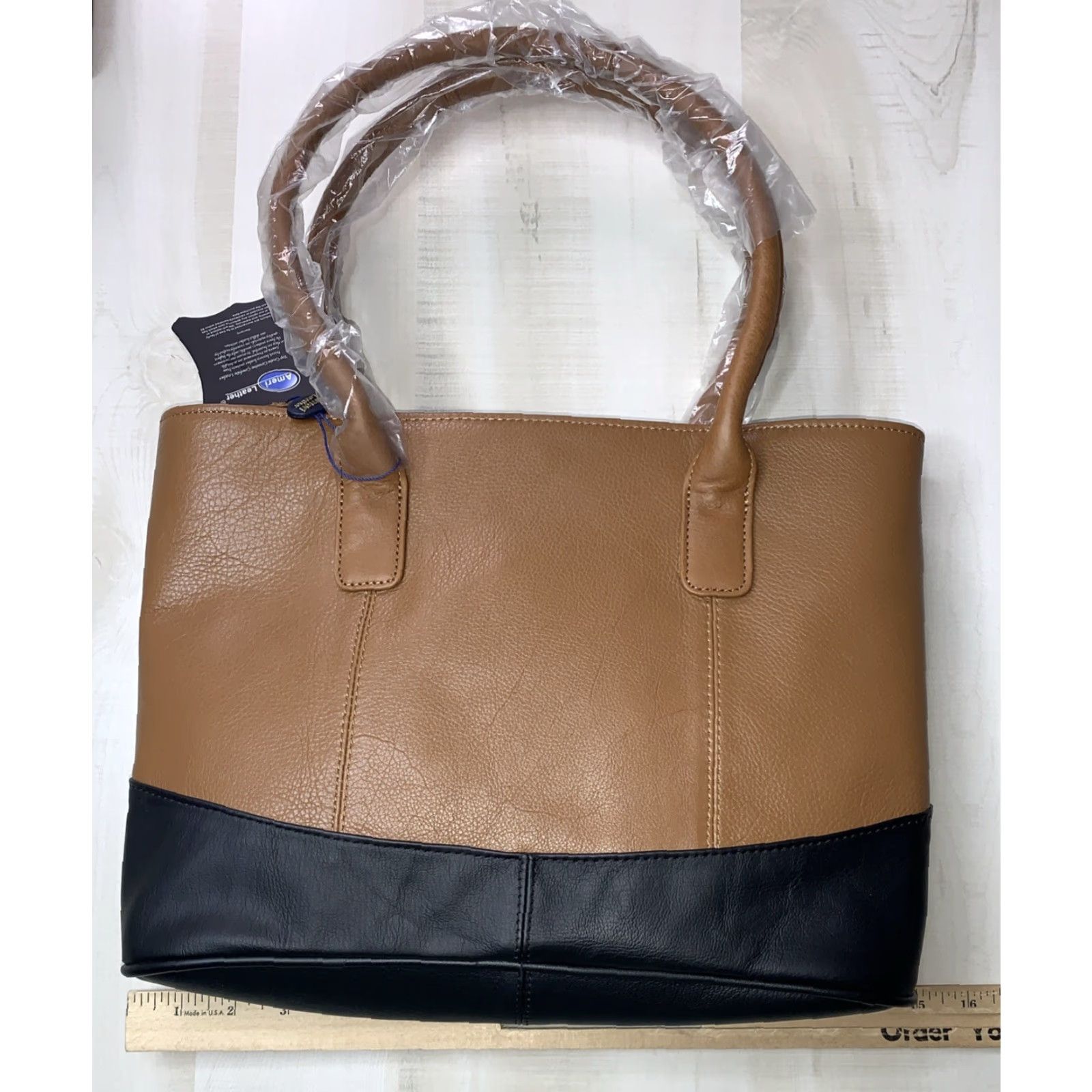 Vintage Ameri Leather Two Tone Tote Shoulder Bag Purse Brown/Black 15Lx11H NEW! Size ONE SIZE - 3 Thumbnail