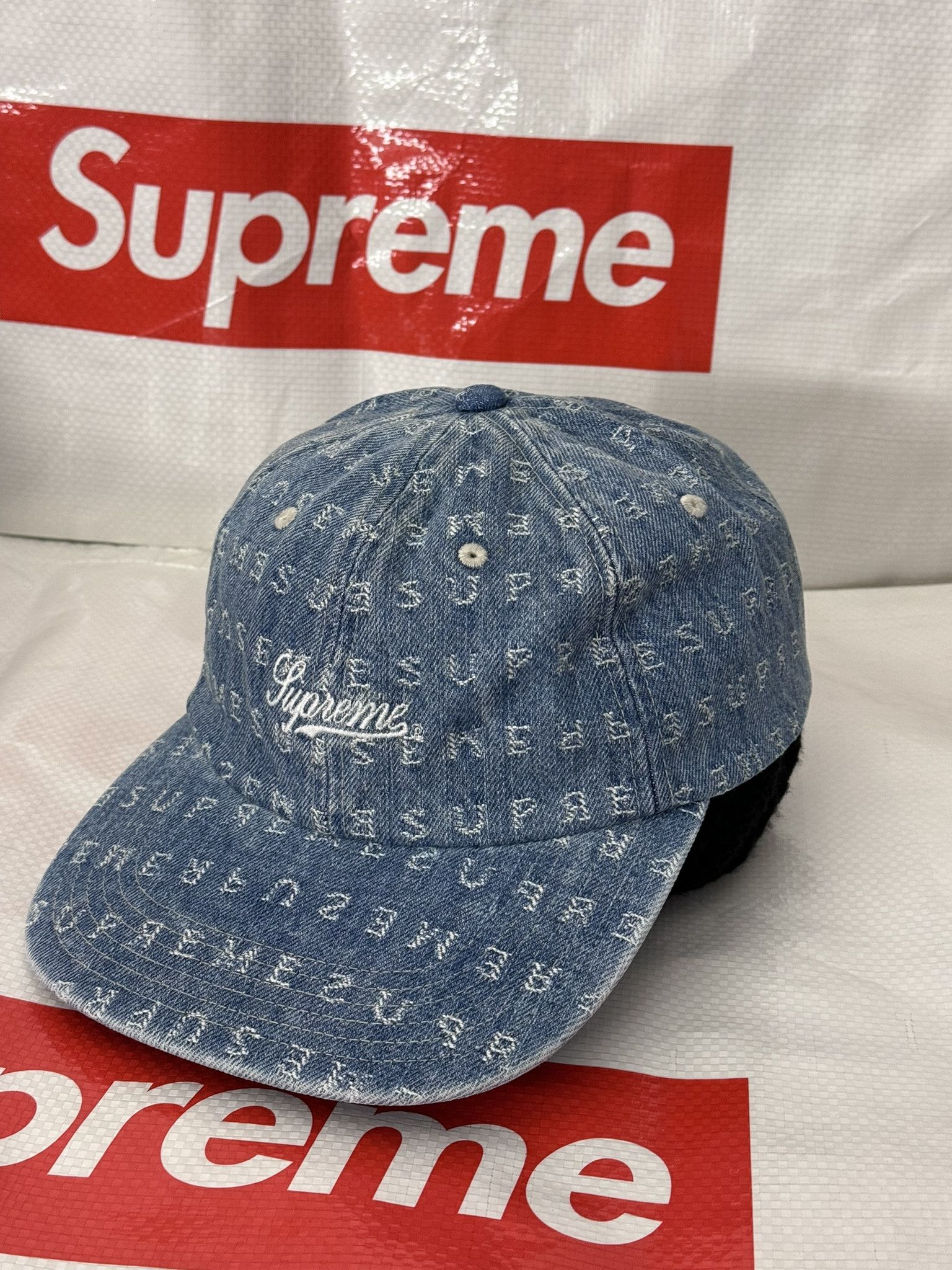 Supreme SS20 jacquared popular logo denim 6 panel dad hat cap