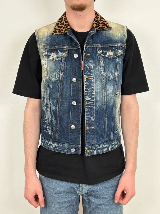 Dsquared2 SS2013 Dsquared2 Blue Distressed Leopard Collar Denim Vest Size US M / EU 48-50 / 2 - 3 Thumbnail