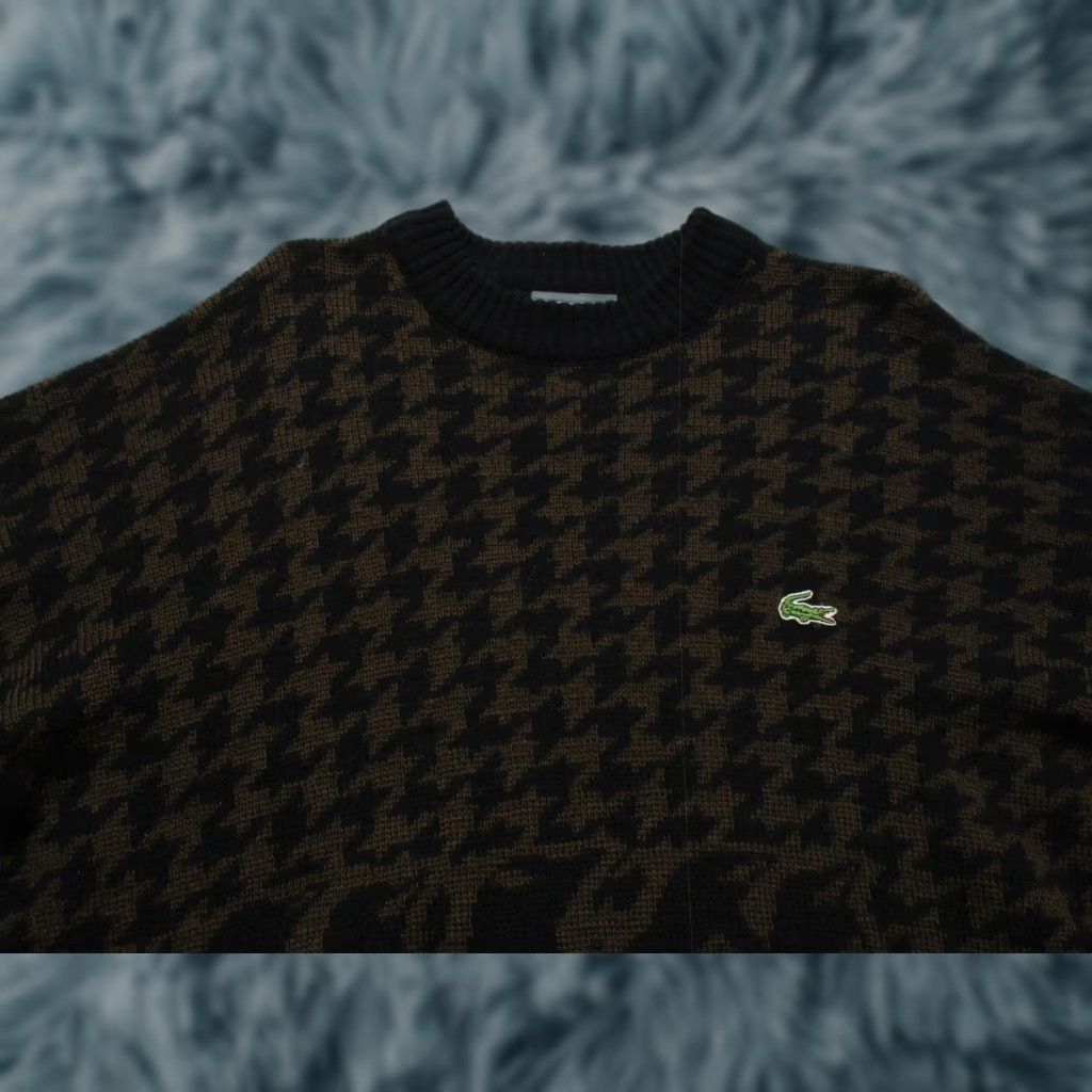 VINTAGE Lacoste Sweater Mens XL Brown Black Houndstooth Wool Penguin 80s France Crew Neck Knit