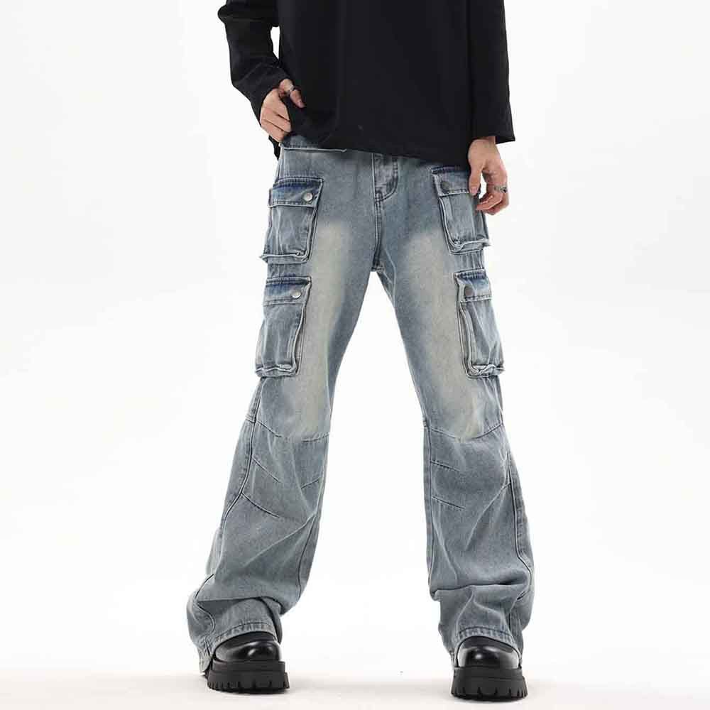 Back Zipper Multi-pockets Baggy Jeans