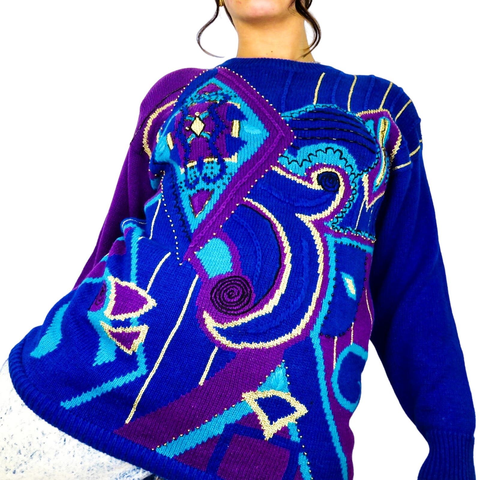 Vintage 1980s Purple Blue Chunky Knit Vintage Abstract Sweater Small Size US S / EU 44-46 / 1 - 2 Thumbnail
