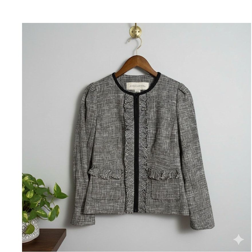 & Other Stories Doncaster Tweed Jacket Small Navy Trim Ruffle Fringe Blazer Size S / US 4 / IT 40 - 1 Thumbnail