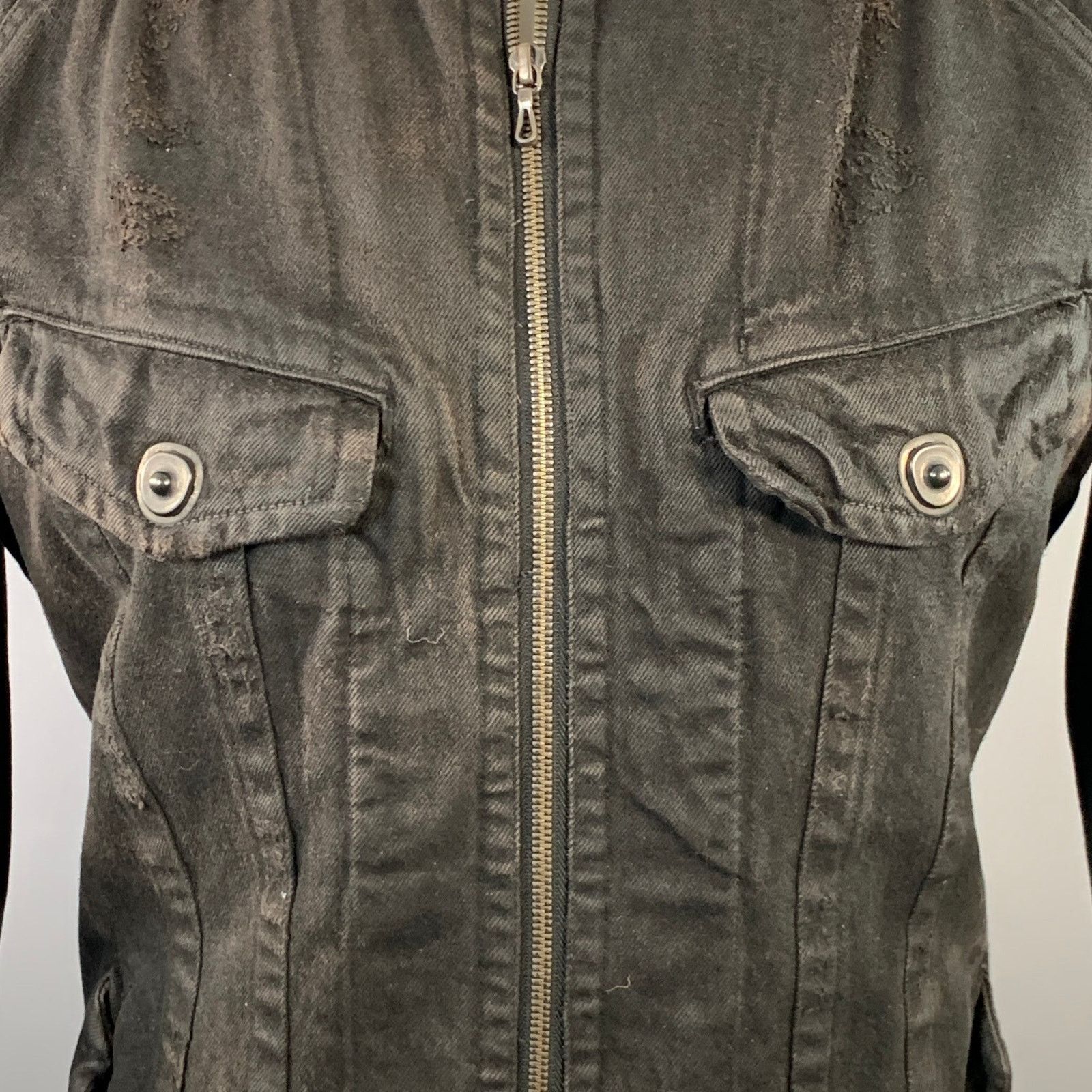 JULIUS_7 Size S Black Distressed Cotton Fitted Zip Up Jacket