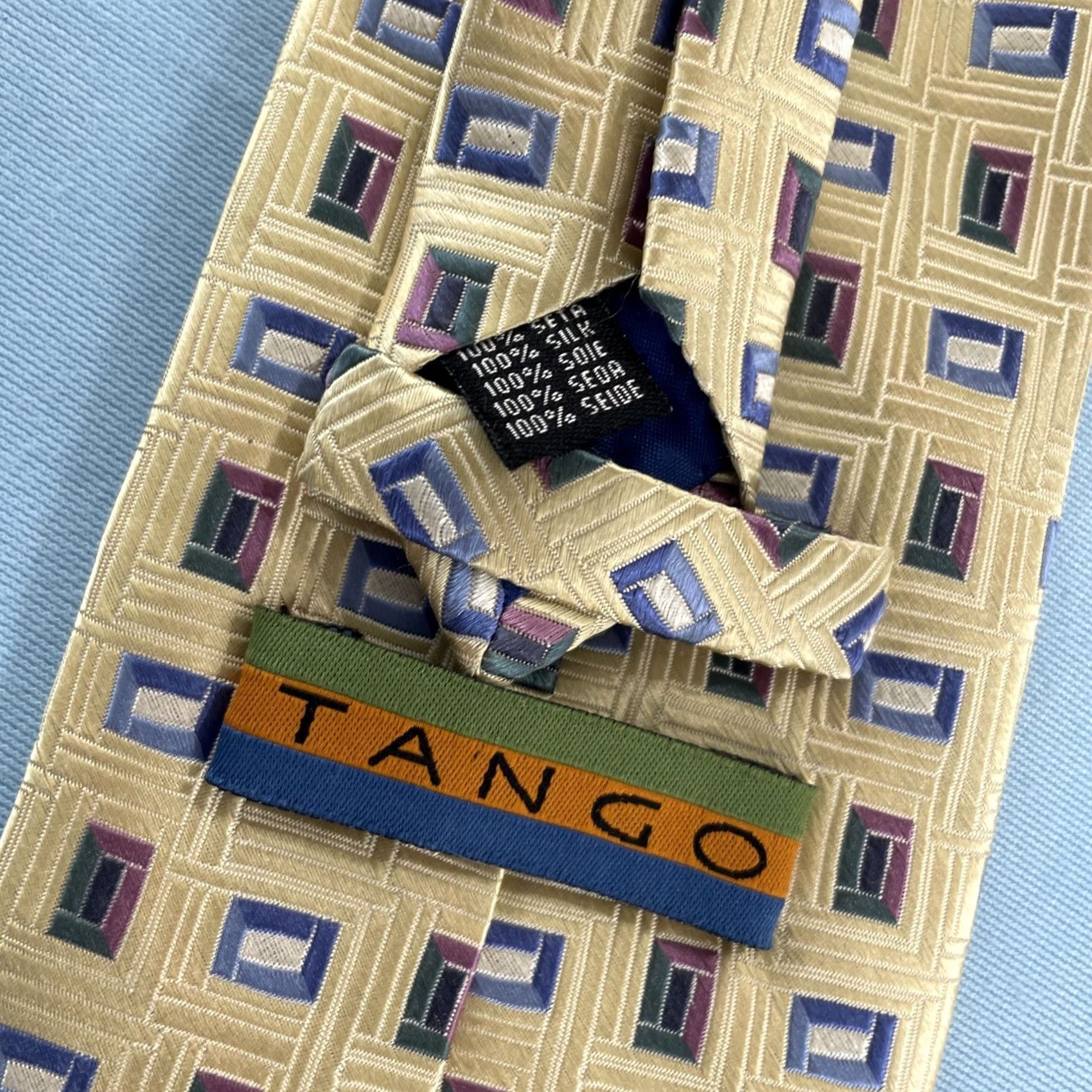 Vintage VINTAGE Tango Woven Silk Tie 61" Geometric Polka Dot Square Hand Made 4x61 Light Yellow Tie Mens 100% Silk Adjustble Some Wear Size ONE SIZE - 6 Thumbnail