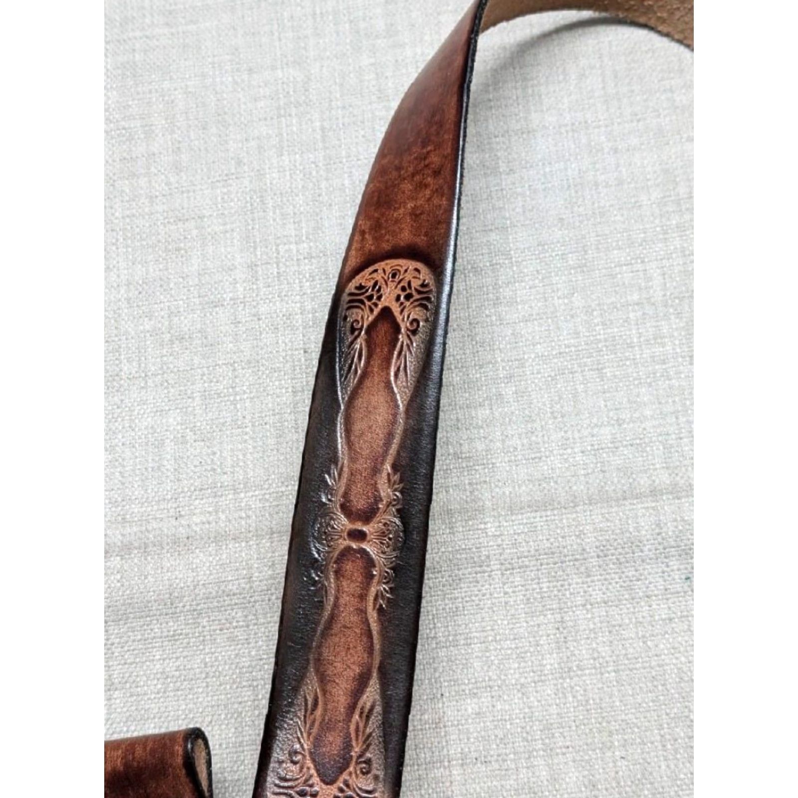 Vintage VINTAGE leather belt Western belt Geometric Brown 28 Unisex Adults 1-1/2" Cowhide Handmade Handcrafted buckle Size 28 - 7 Thumbnail