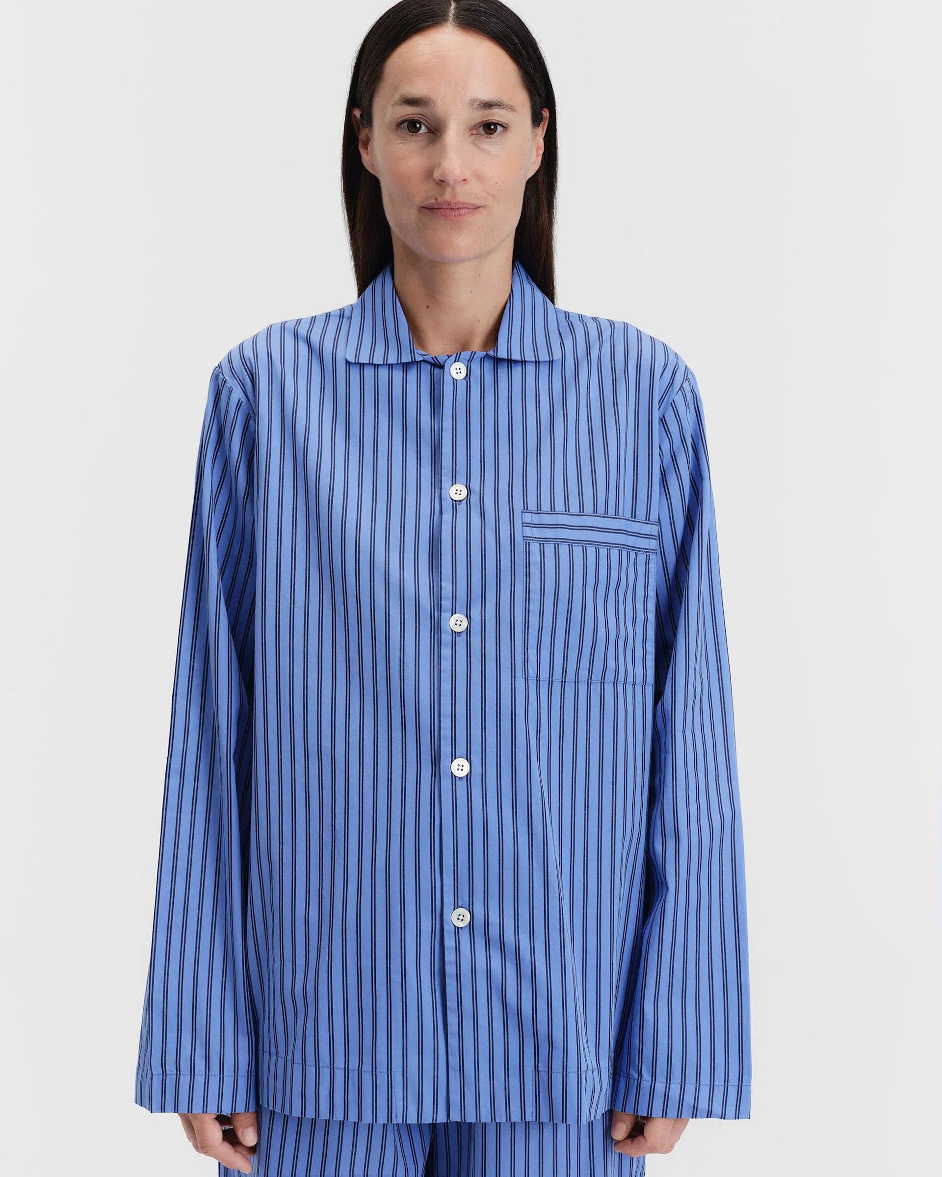 o1mle0525 Unisex Poplin Pyjamas Shirt Verneuil Stripes Blue