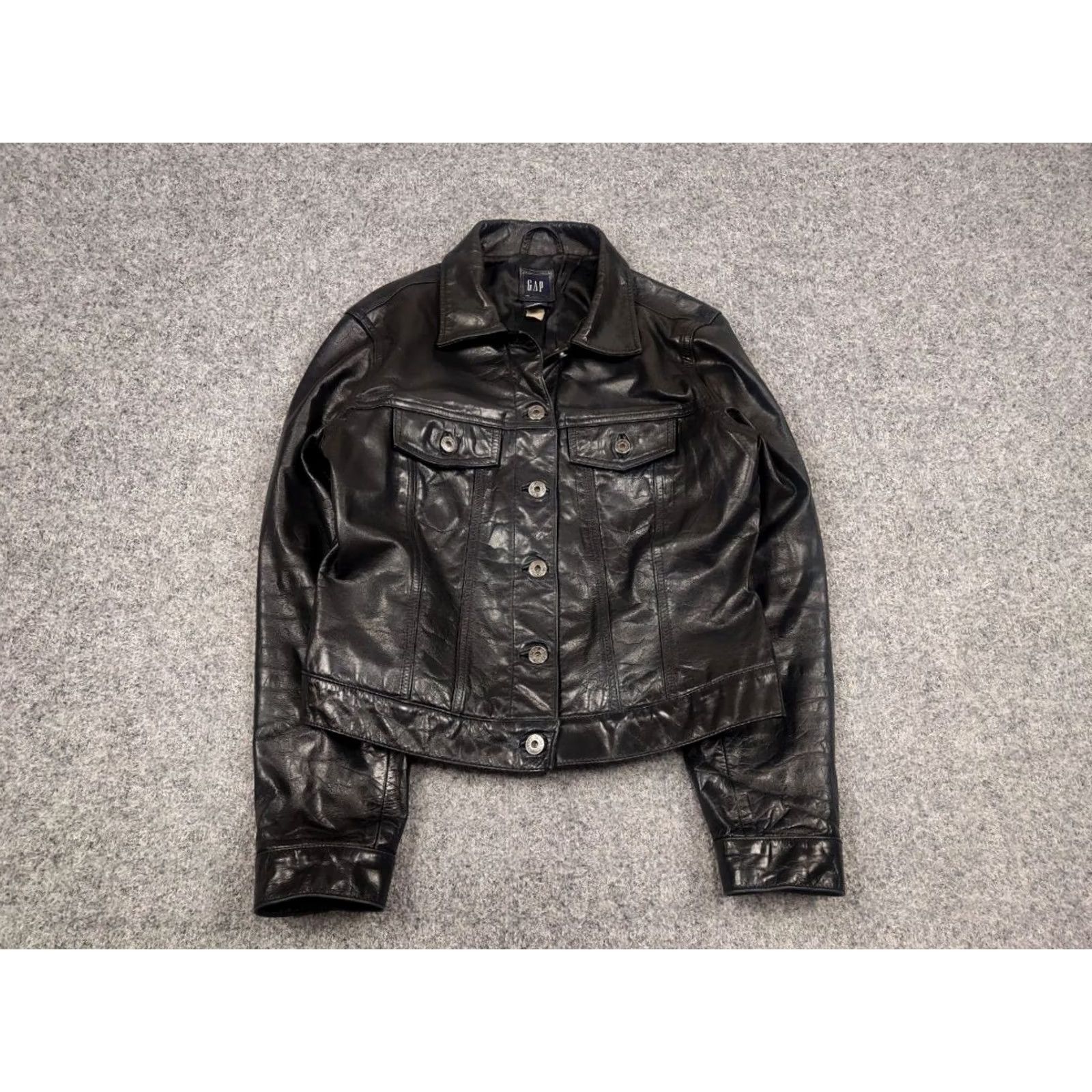 Gap VINTAGE Gap Jacket Stone Black Leather Trucker Rockstar 90s Biker Mid-Length Long Sleeve Women XS? (Original size M) Size M / US 6-8 / IT 42-44 - 3 Thumbnail