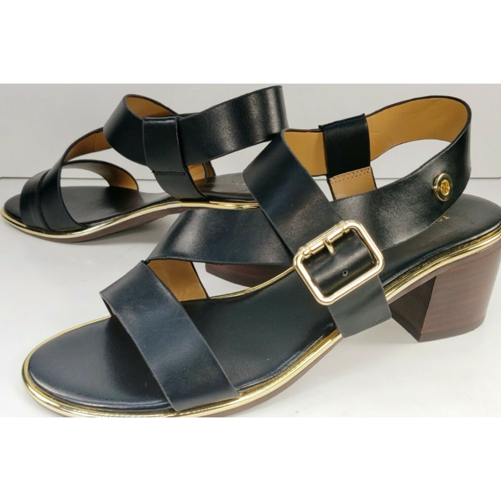 Tommy Hilfiger Tommy Hilfiger Konas Sandal Women's Size 9M Leather Strappy Black Heeled Buckle T-Strap Leather Sandal Size US 9 / IT 39 - 2 Thumbnail