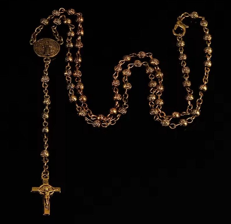 Jewelry Saint Benedict Rosary Necklace Chain Catholic Church Jesus in Gold, Men's