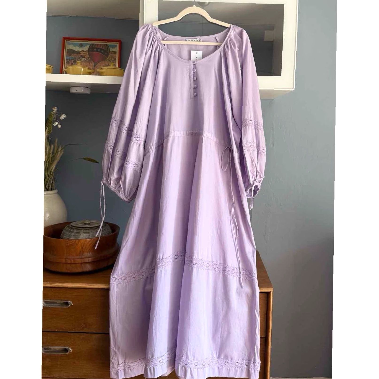 Vintage Harshman Belle Midi Dress Blouson Sleeve Lace Trim Lilac Plus Sz 3X Cottage Size XXL / US 16-18 / IT 52-54 - 3 Thumbnail