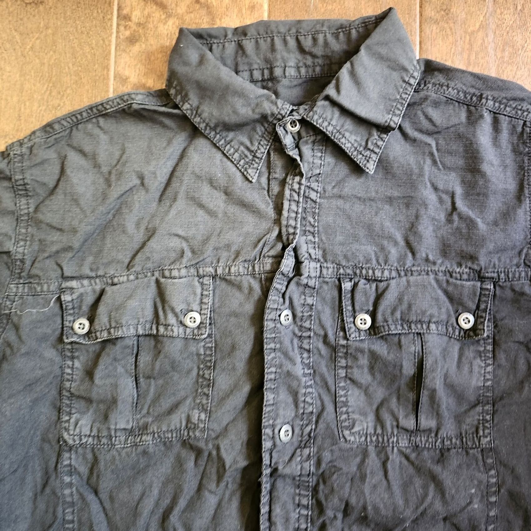 Denime Paper Denim & Cloth Black Short Sleeve Button Up Dress Shirt M Mens Regular Cotton Denim Stains Summer Casual Business 90s? Size 40R - 4 Thumbnail