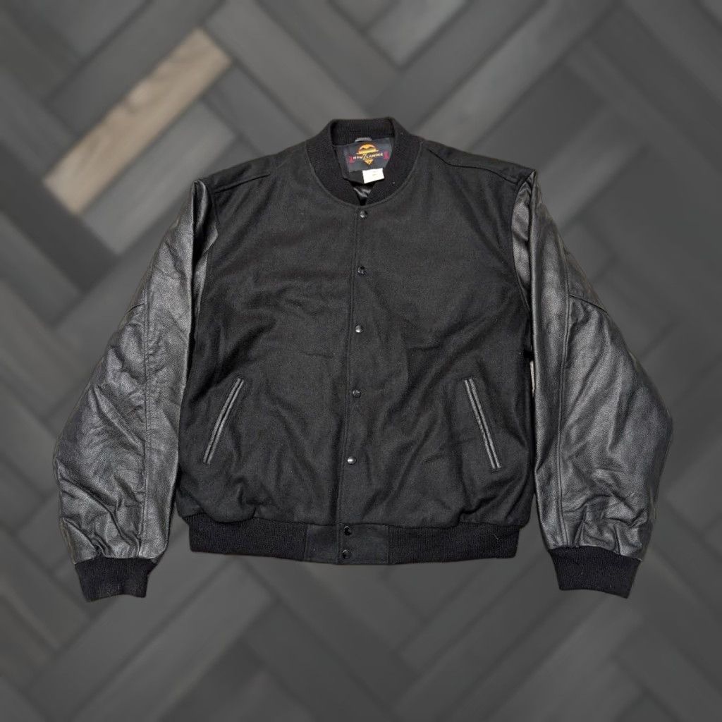 Vintage VINTAGE New ZLander VARSITY Leather Bomber Jacket, 5XL, Black, 56 Chest, Mens, Jacvket, 1990s, Letterman Sleeves, 56, 5XL, NOS? Size US XXL / EU 58 / 5 - 1 Thumbnail