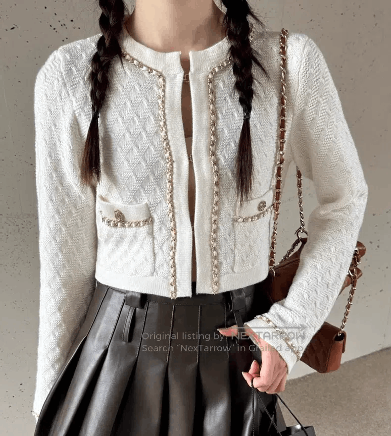 Chanel Chanel 23B white leather chain cashmere cardigan jacket Size XXS / US 00 / IT 34 - 1 Thumbnail