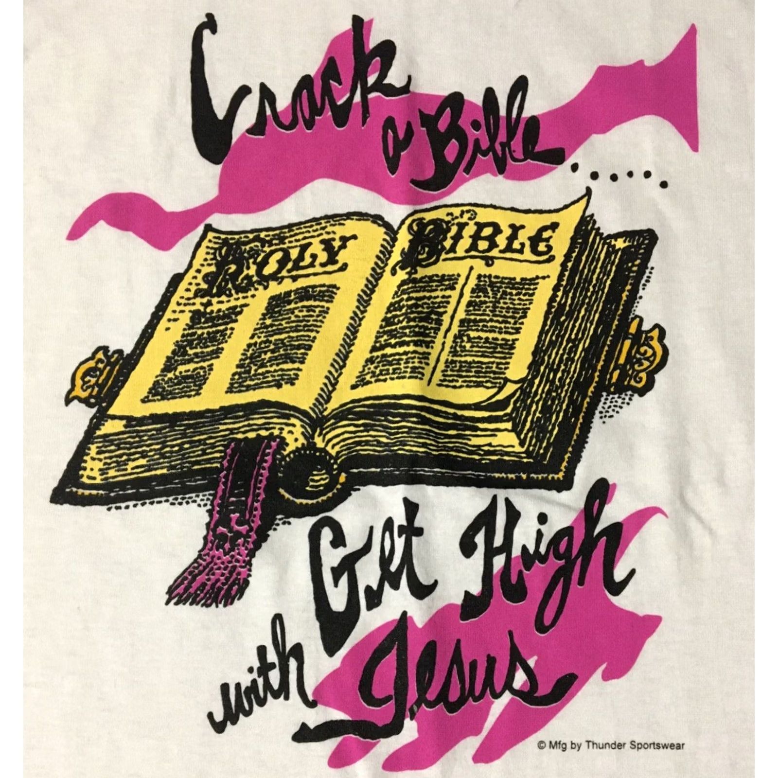 Vintage VINTAGE Get High With Jesus Shirt L White 80s Religion Christian Humor Joke Bible Crack A Bible Funny Men T-Shirt US-Style Size US L / EU 52-54 / 3 - 2 Thumbnail