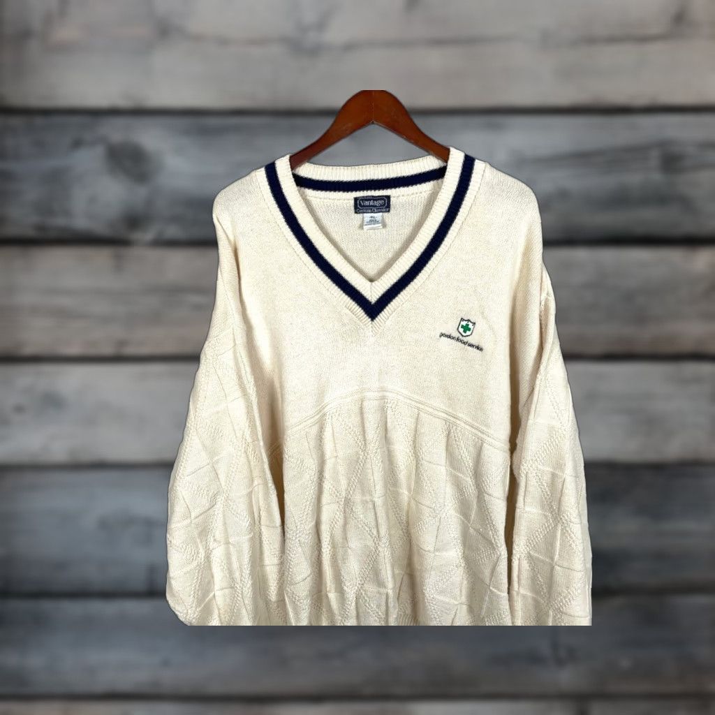 Vintage VINTAGE Vantage Cotton Sweater Men's XL V-Neck Knit Pullover Casual Autumn Winter Ivory Embroidered 90s Size US XL / EU 56 / 4 - 1 Thumbnail