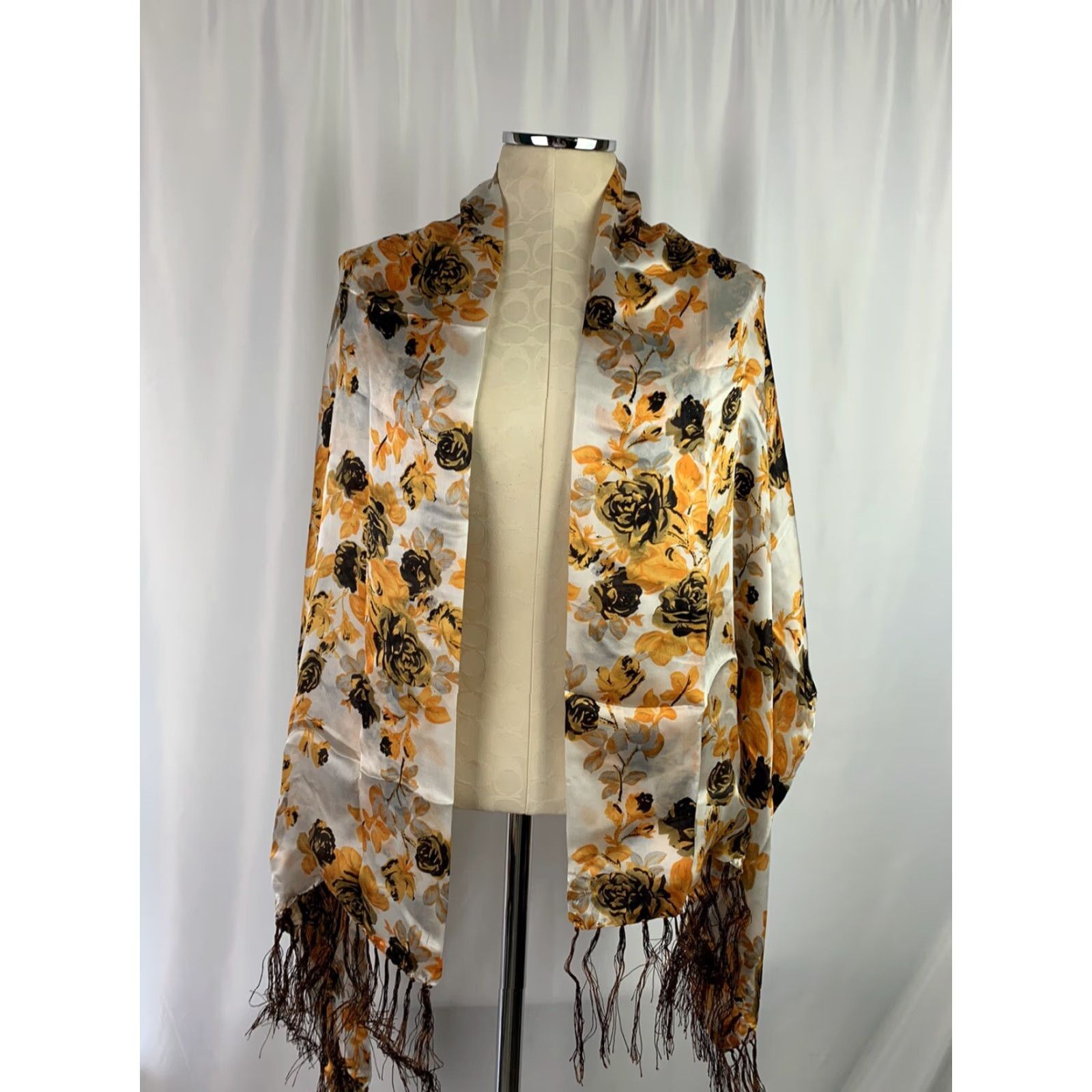 Vintage VINTAGE New Silk Scarf Orange Rose Floral Scarf Brown Fringe 21 x 62" Silk Floral Roses Orange Womens Scarf Size ONE SIZE - 3 Thumbnail
