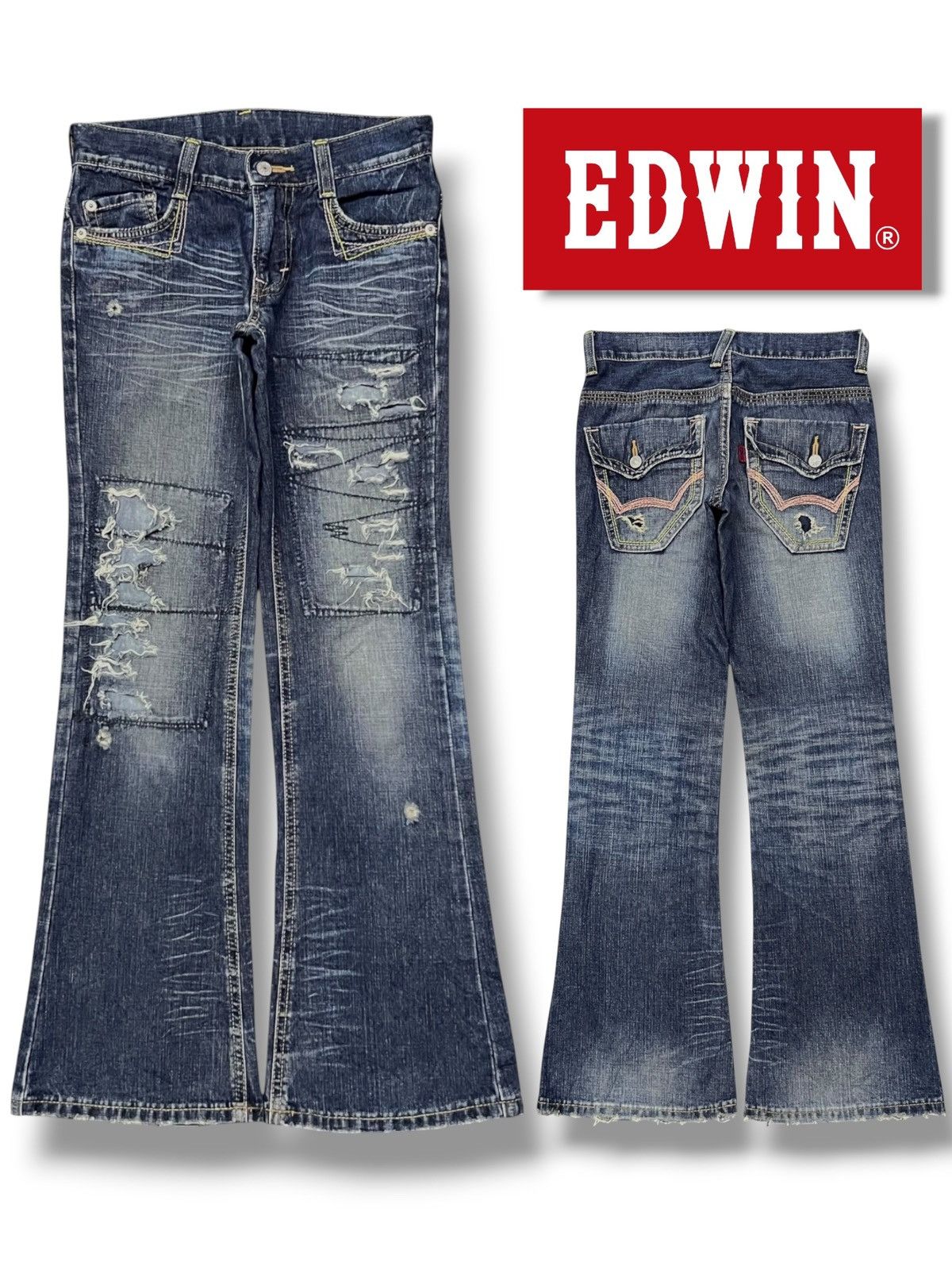 Edwin Flared Vintage Edwin - Faded Wash, Low Rise,Distressed Denim Size 27" / US 4 / IT 40 - 1 Thumbnail