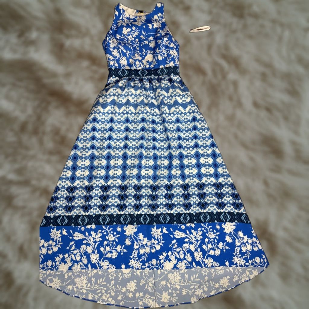 Vintage Cynthia Steffe Blue Floral Mosaic Fit & Flare Long Dress Open Back Sz 2 NWT Size XS / US 0-2 / IT 36-38 - 1 Thumbnail