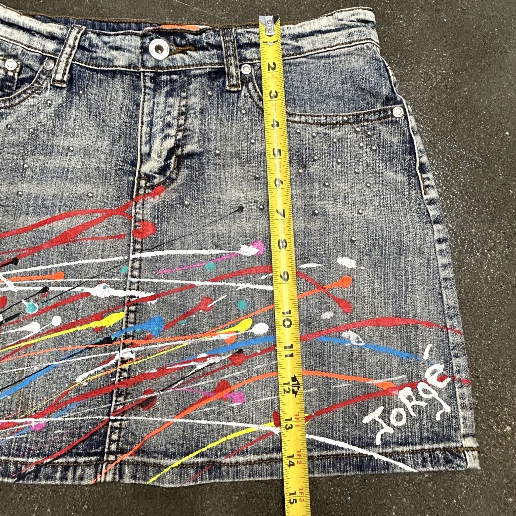 Denime Apollo Jeans Skirt Womens Medium Denim Mini Paint Splatter Studded Art Size 32" / US 10 / IT 46 - 6 Thumbnail