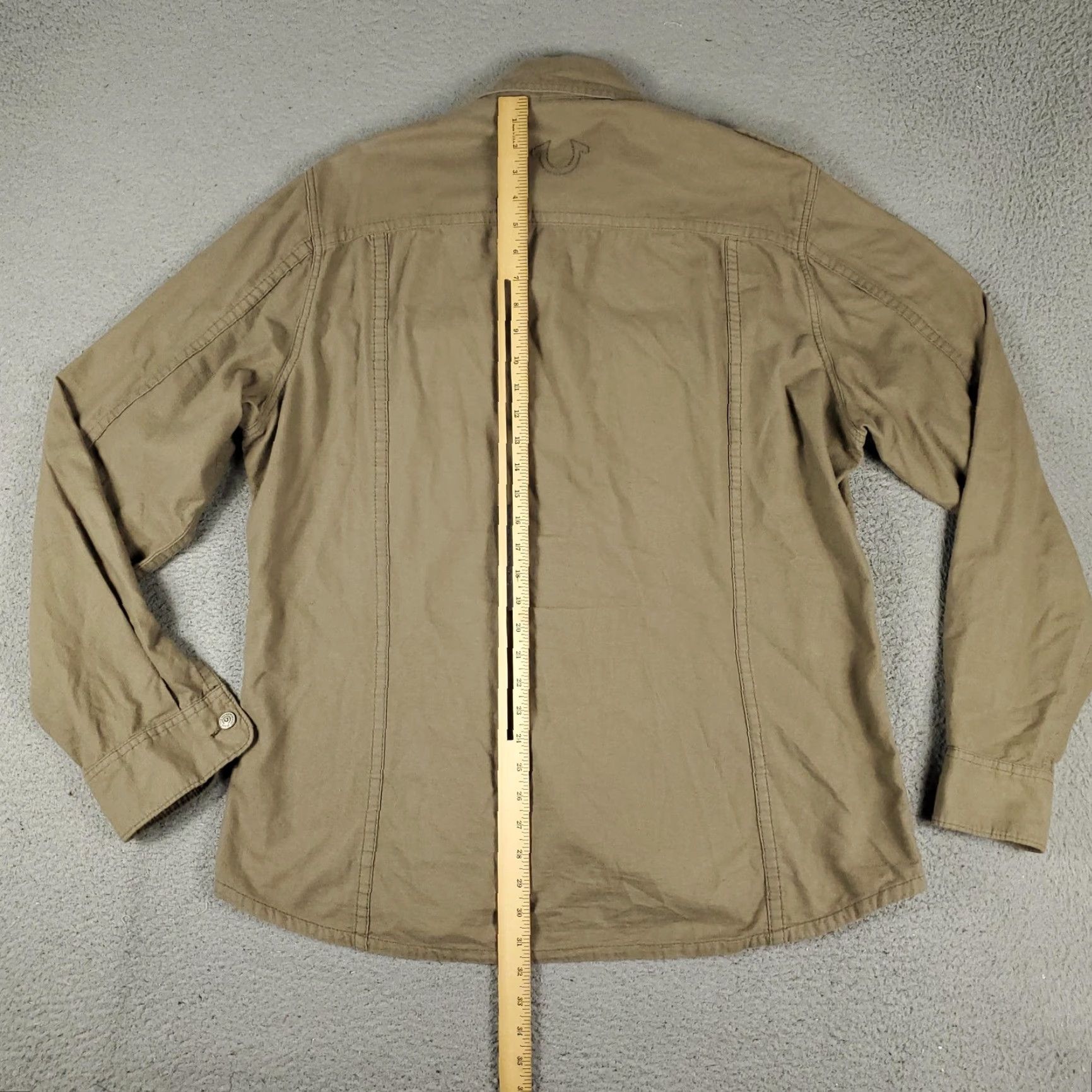 True Religion TRUE RELIGION Shirt Mens 3XL Brown Utility Button Up Long Sleeve Cotton Military Embroidered Pockets Size US XXL / EU 58 / 5 - 6 Thumbnail
