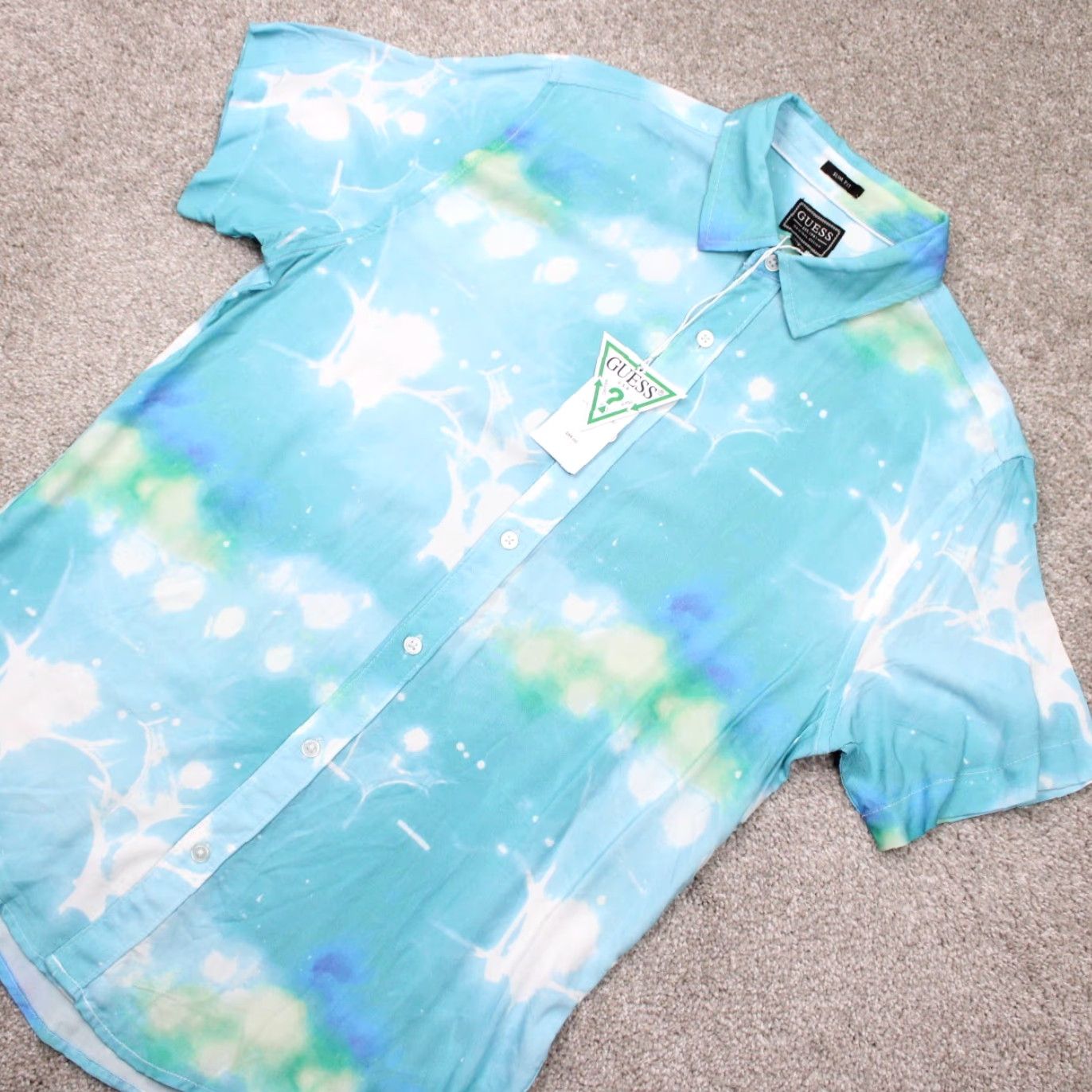 Guess GUESS Shirt Mens Small Blue Submerged Print Slim Fit S/S Button 100% Rayon Size US S / EU 44-46 / 1 - 3 Thumbnail