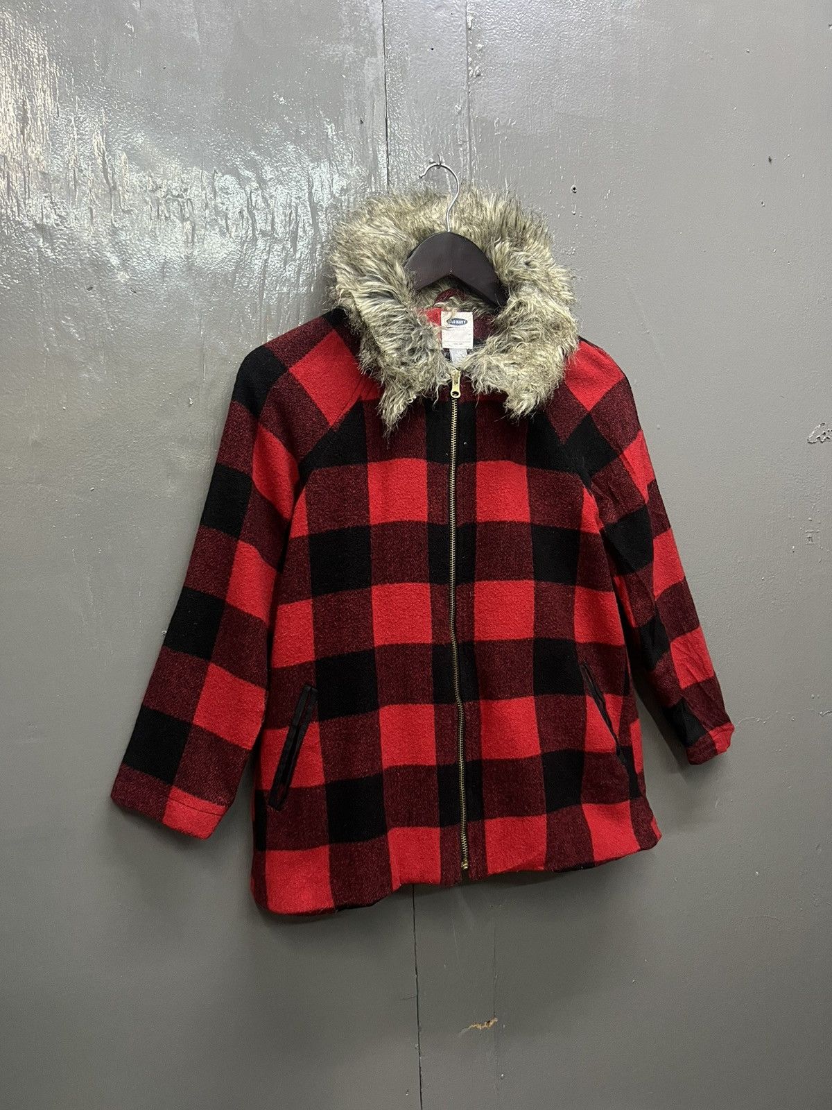 Old Navy Old Navy Red Plaid Faux Fur Collar Jacket Size S / US 4 / IT 40 - 3 Thumbnail