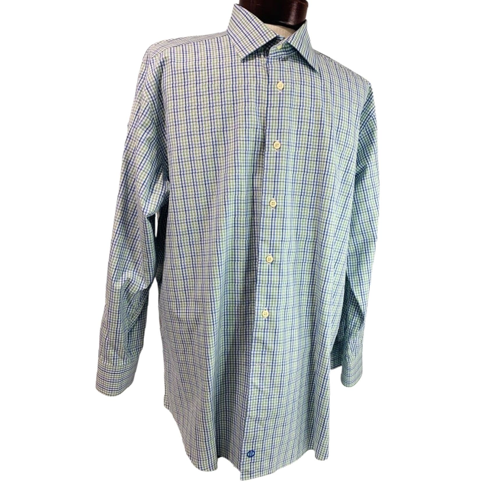 David Donahue VINTAGE David Donahue Mens Button Up Dress Shirt Plaid Green Blue 17.5 32/33 Regular Chest 26 Length 32.5 Sleeve 23 Mens Size 48R - 2 Thumbnail