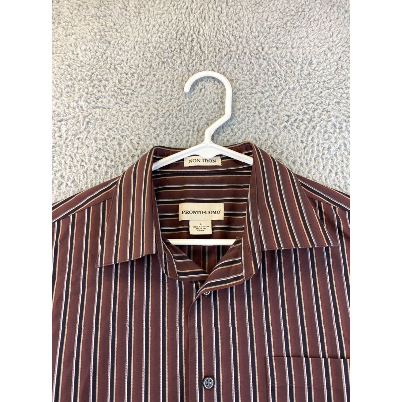 Pronto Uomo Pronto Uomo Dress Shirt Mens L Brown Black Stripe / 82-23 Regular Long Sleeve Point Collar Barrel Button Cuff Brown Striped Pronto Uomo 82-23 Size 42R - 4 Thumbnail