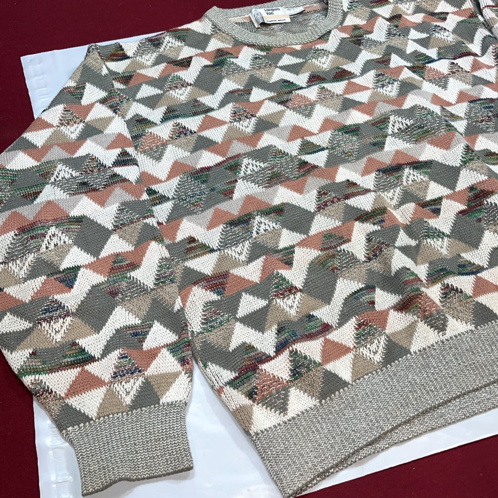 London Fog VINTAGE London Fog Sweater Geometric 90s Gray Beige Tan Triangles Knit L Mens Size US L / EU 52-54 / 3 - 3 Thumbnail