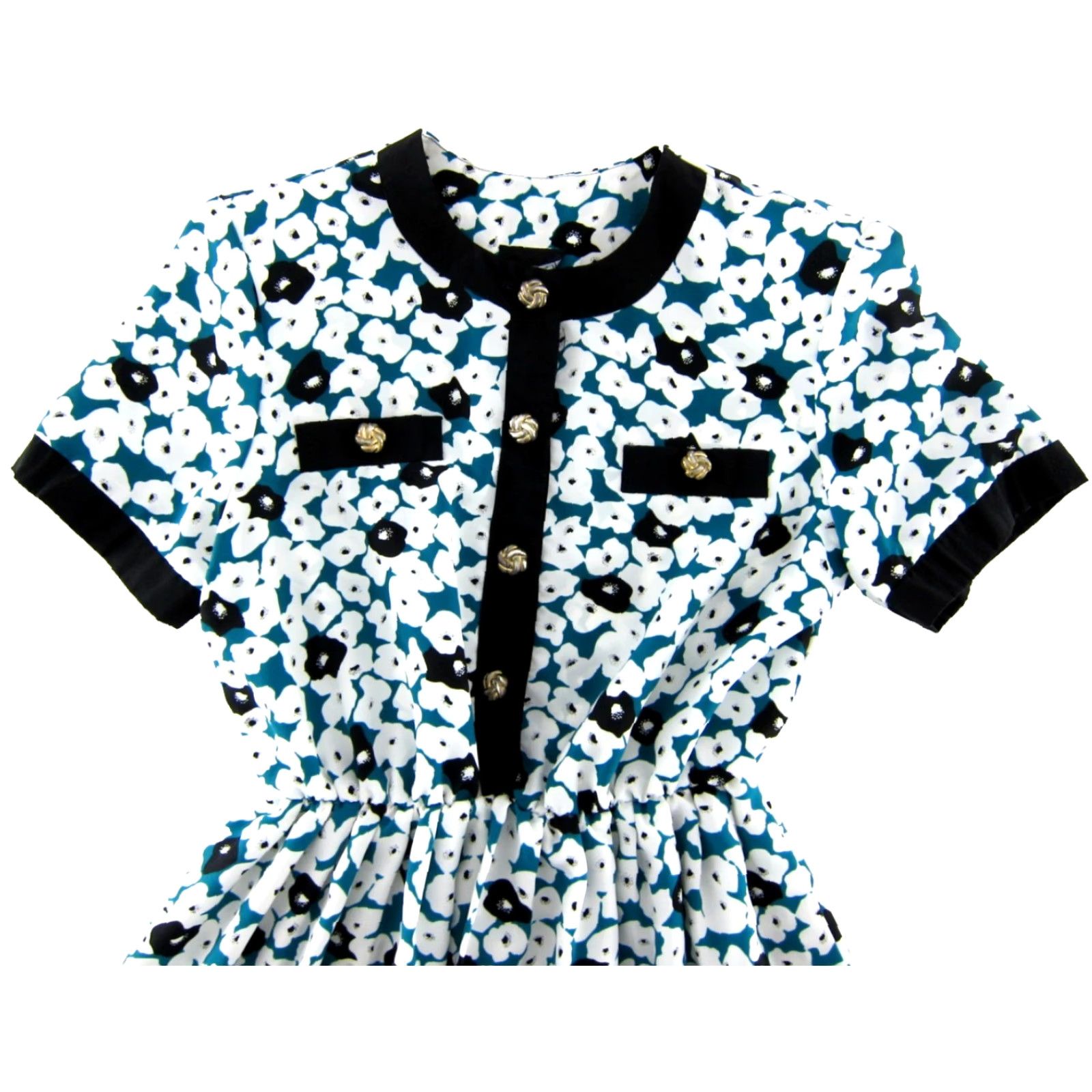 Vintage VTG Winning Ticket Green Black White Floral Short Sleeve Midi Secretary Dress 8 Size 30" / US 8 / IT 44 - 4 Thumbnail