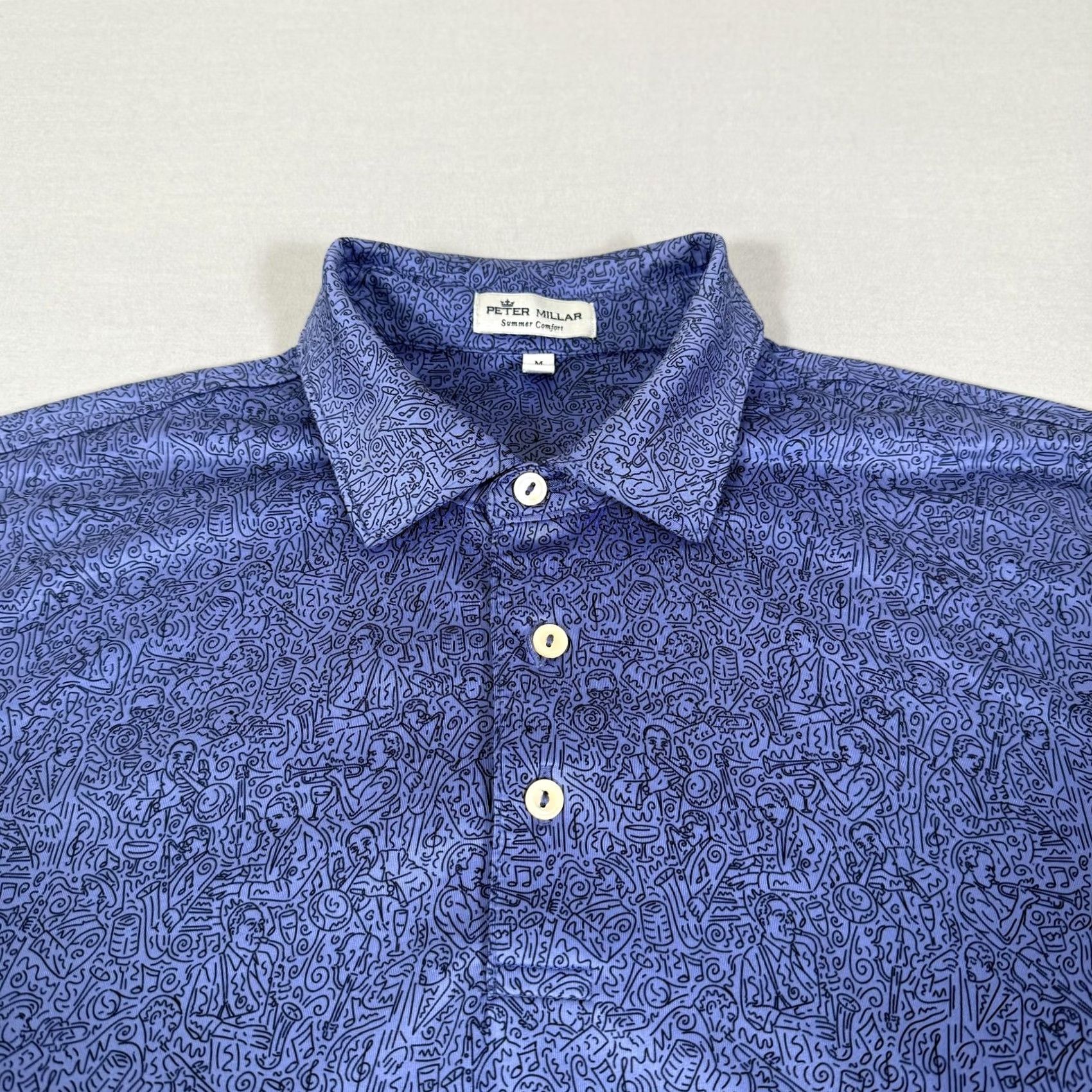 Peter Millar Peter Millar Polo Shirt Mens M Blue Summer Comfort Music Print Golf Stretch Contemporary Casual Performance Shirt Size US M / EU 48-50 / 2 - 3 Thumbnail