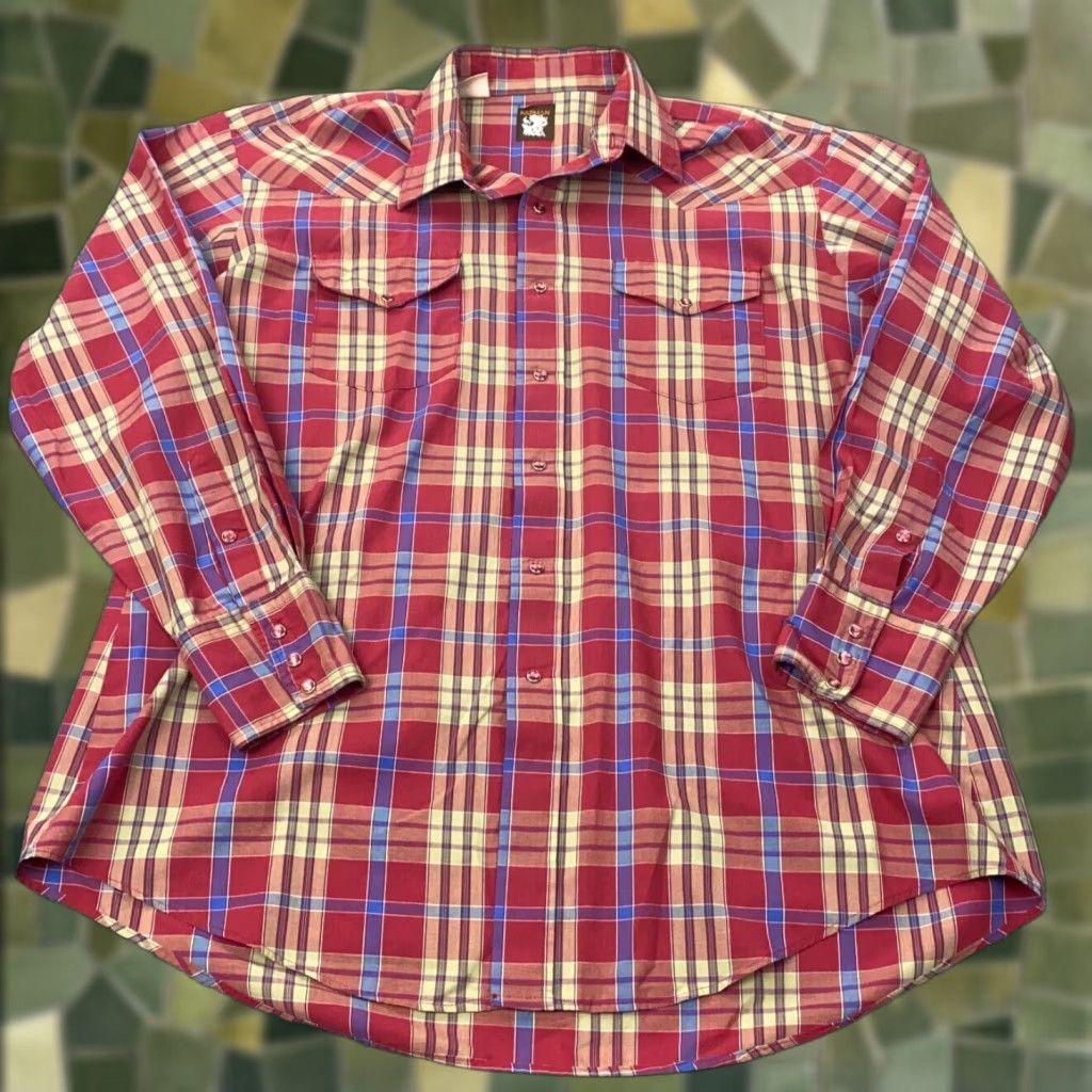 Armani VINTAGE Karman Shirt Mens XL Red Plaid Pearl Snap Long Tail USA Size US XL / EU 56 / 4 - 1 Thumbnail