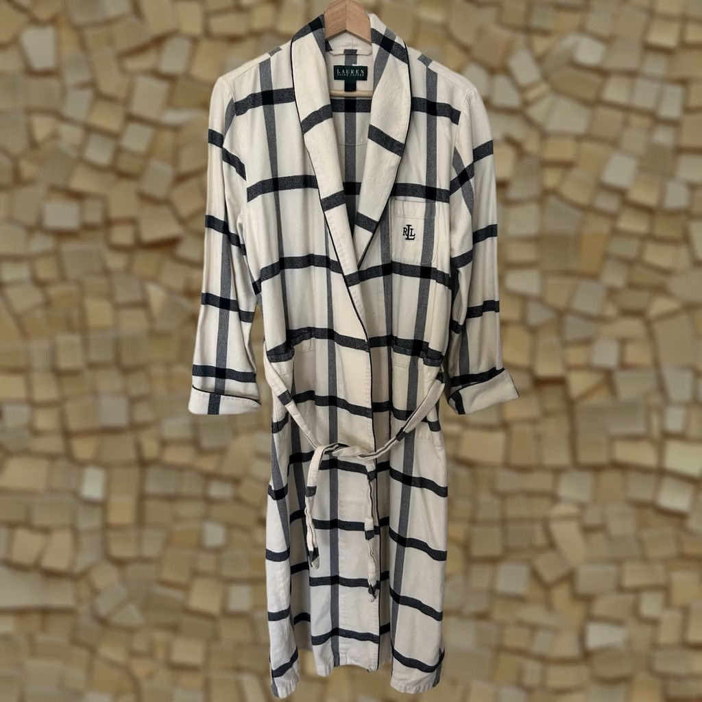 Ralph Lauren Lauren Ralph Lauren Robe Womens S Ivory Black Cotton Flannel Logo Check Belted Pockets Kimono Tie Bedtime Bath Spa LRL Size ONE SIZE - 1 Thumbnail
