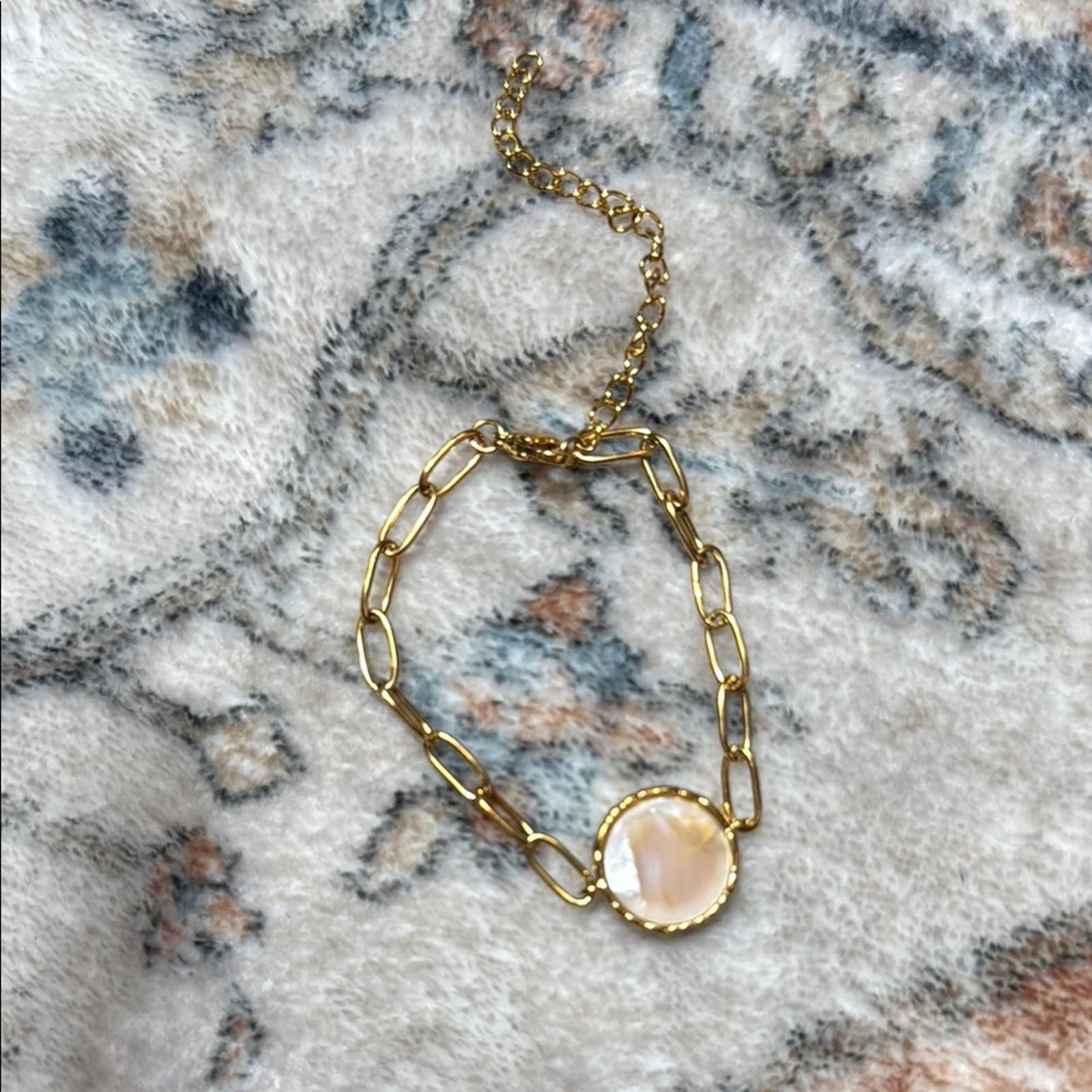 Designer Gold and Cream Minimalist Bracelet with Circular Accent Size ONE SIZE - 1 Thumbnail