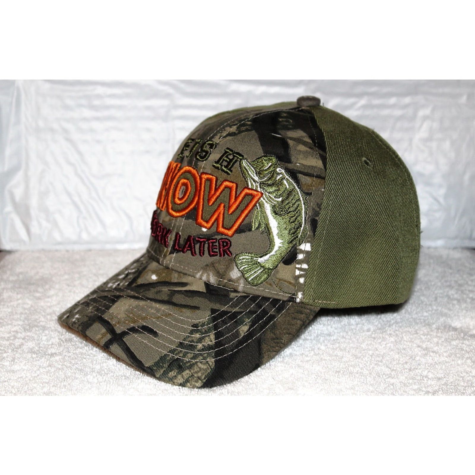 Vintage VINTAGE CALI Fish Now Work Later Fishing Baseball Cap Adjustable Men One Size Olive Green Camo Size ONE SIZE - 2 Thumbnail