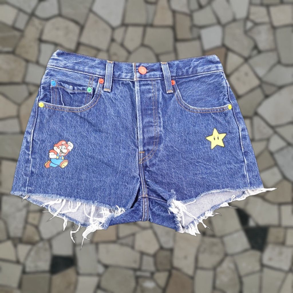 Levi's Levis Shorts 27 Blue Denim Jean Jorts 501 Super Mario Button Fly Frayed Womens Size 27" / US 4 / IT 40 - 1 Thumbnail