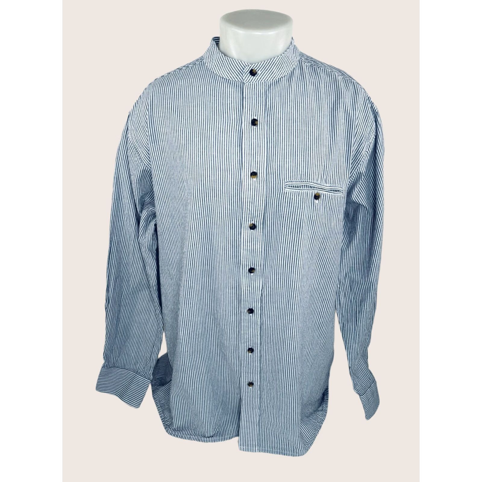 Lee LEE VALLEY Ireland LINEN BLEND Collarless Grandpa Engineer Stripe XL 3XL Shirt Men Blue White Button-Up Long Sleeve 3XL Mens B11 Size US XXL / EU 58 / 5 - 1 Thumbnail