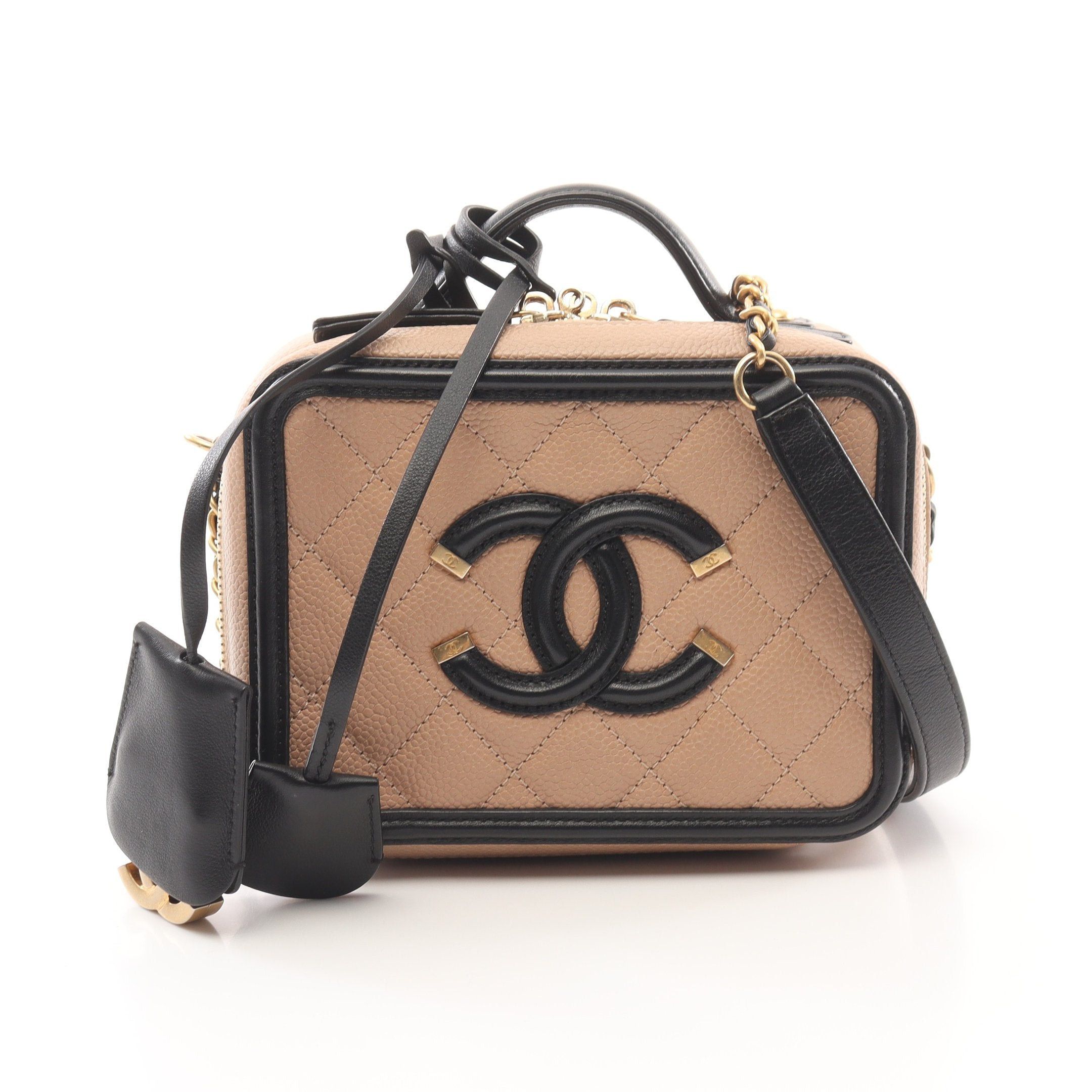 Chanel Chanel Cc Filigree Small Vanity Bag Chain Shoulder Caviar Skin Beige Black Gold Hardware Size ONE SIZE - 1 Thumbnail