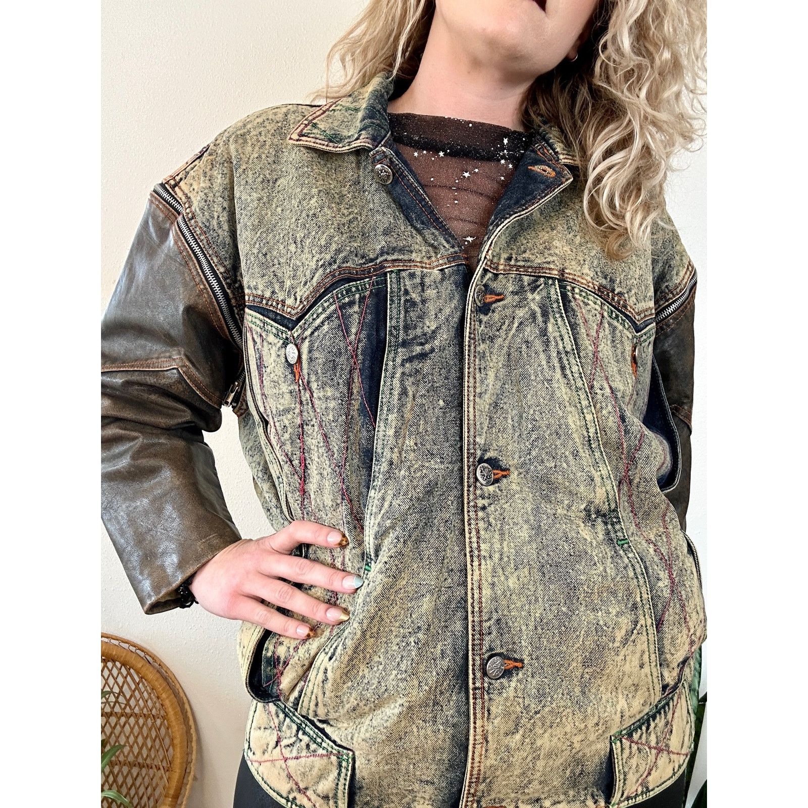 Vintage 80’s Acid Wash & Leather Convertible Moto Jacket Size US M / EU 48-50 / 2 - 4 Thumbnail