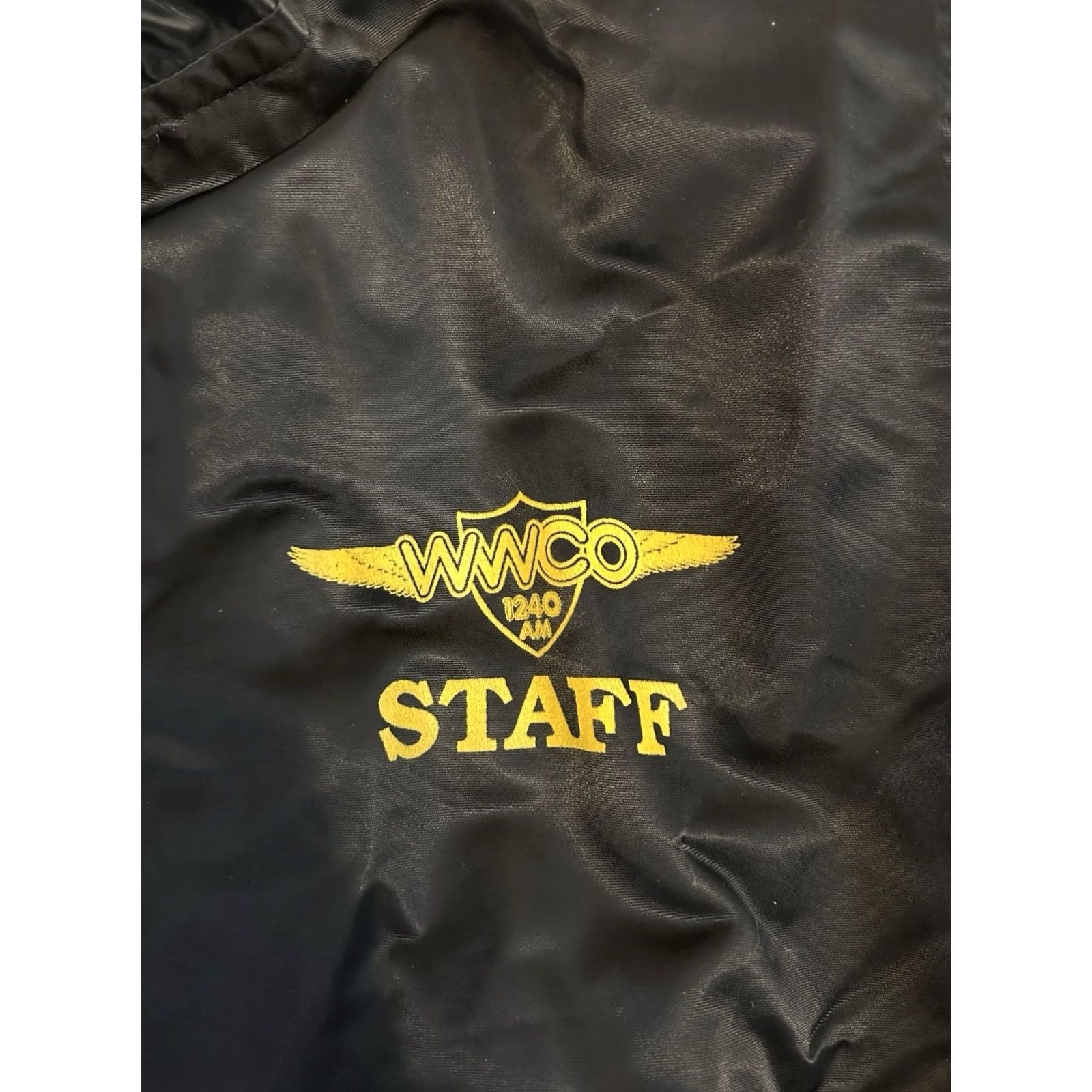 Vintage VINTAGE Bomber Jacket AM Radio Station Sayin Waterbury Air Force 80s Medium Mens Black Swingster Nylon Satin Size US M / EU 48-50 / 2 - 3 Thumbnail