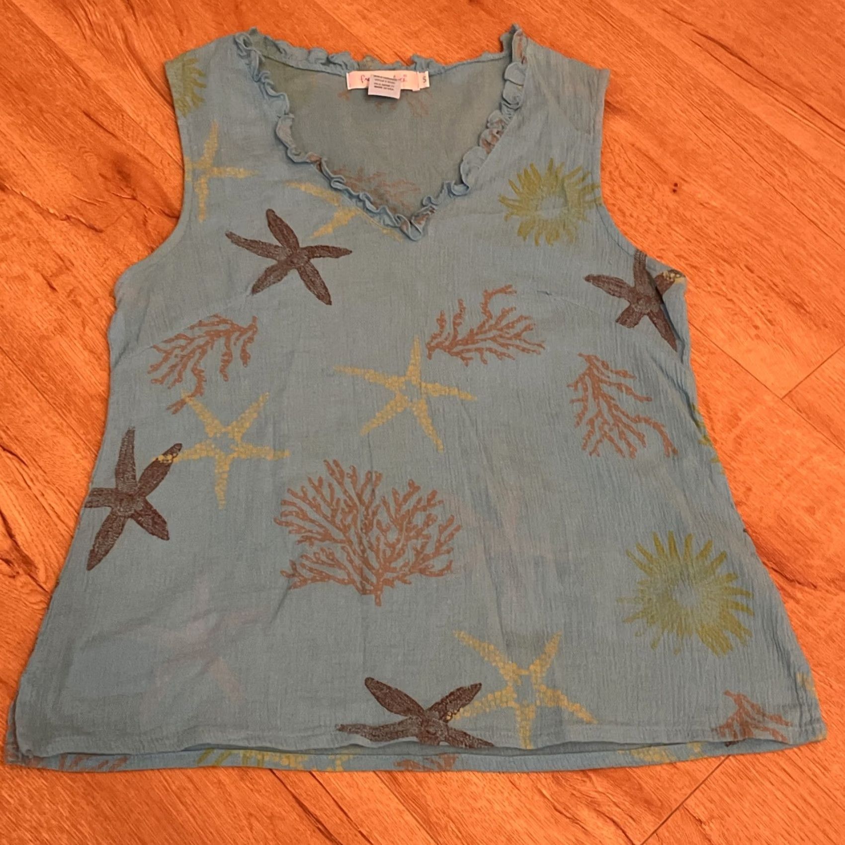 Vintage VINTAGE Fresh Produce Turquoise Blue Starfish Coral Top V-Neck Sleeveless Cotton Ruffle USA T-Shirt Women S Size S / US 4 / IT 40 - 2 Thumbnail