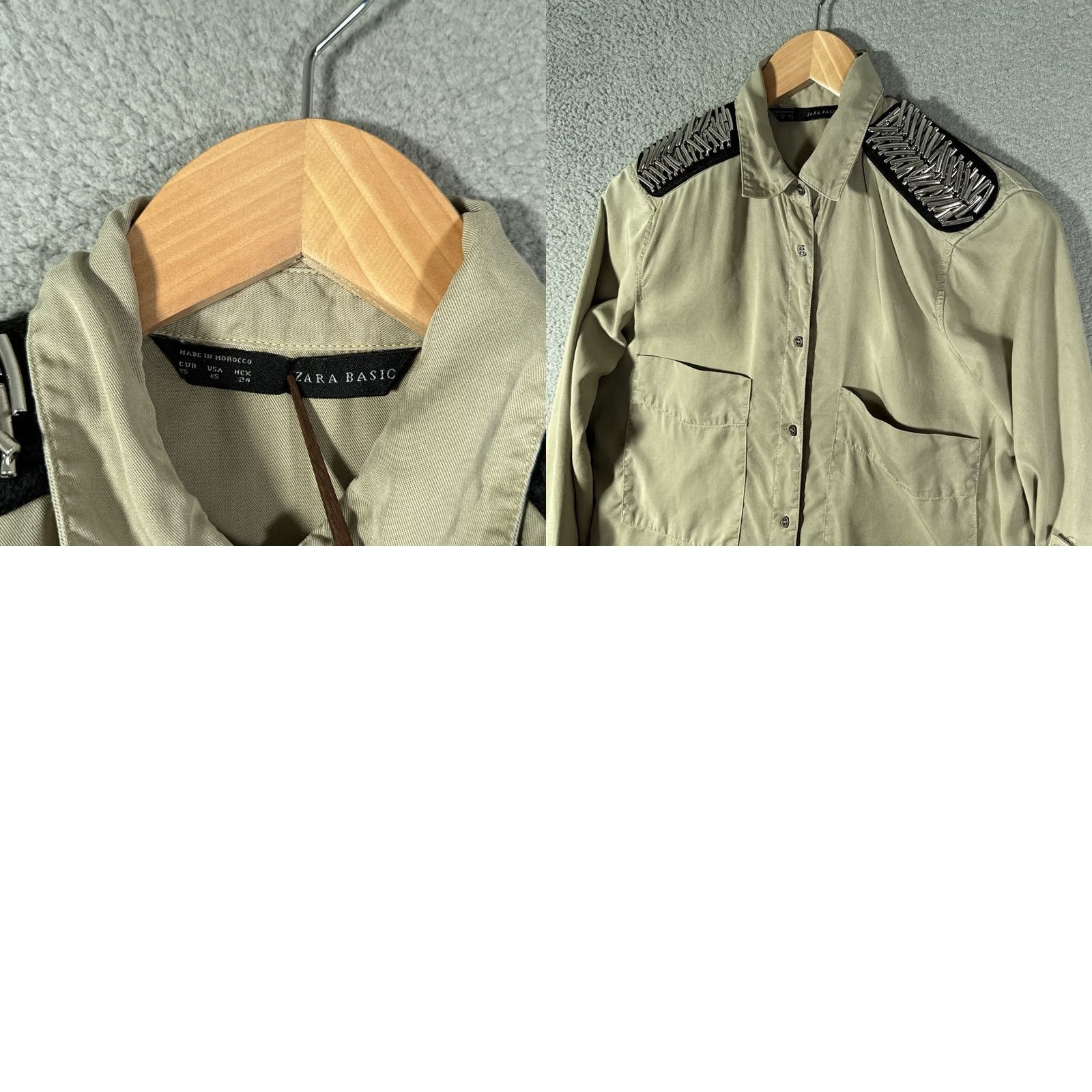 Zara Zara Shirt Womens XS Khaki Military Style Button-Up Long Sleeve Collared Beaded Studded Pockets Boho Streetwear Size XS / US 0-2 / IT 36-38 - 9 Thumbnail