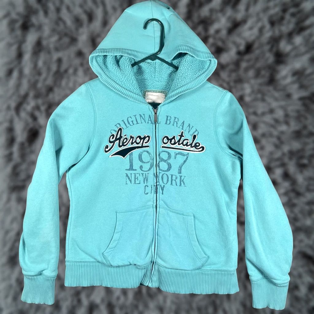 Aeropostale AeroPOSTALE Hoodie Juniors XL Blue Sherpa Lined NYC 1987 Graphic Logo Zip Pockets Hooded Crew Neck Mens Womens Girls Boys Size XL / US 12-14 / IT 48-50 - 1 Thumbnail