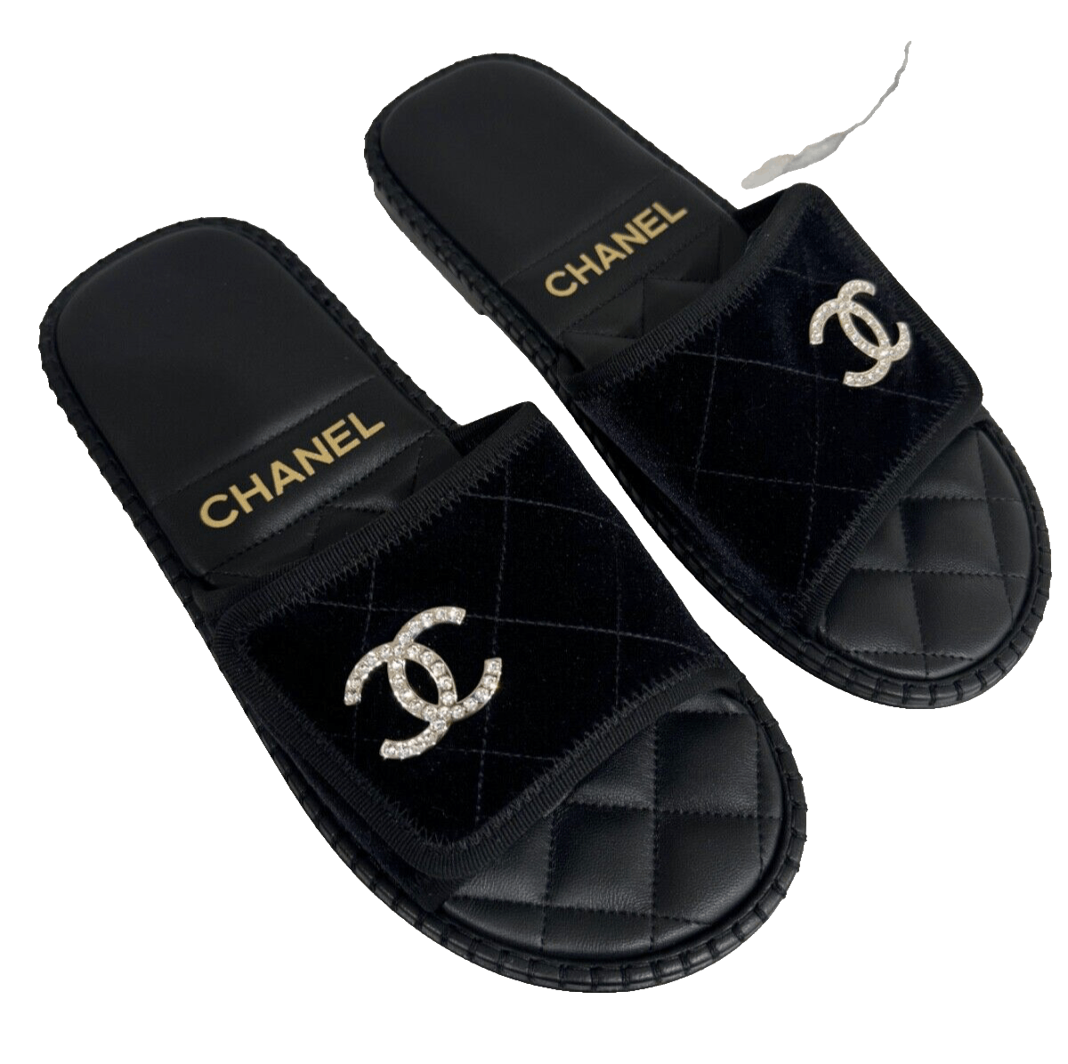 Chanel 23M Velvet Crystal CC Logo Mule Slide Flat Sandal 40